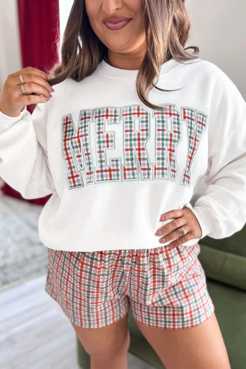 Plus size long sleeve top — MERRY plaid letter print sweatshirt