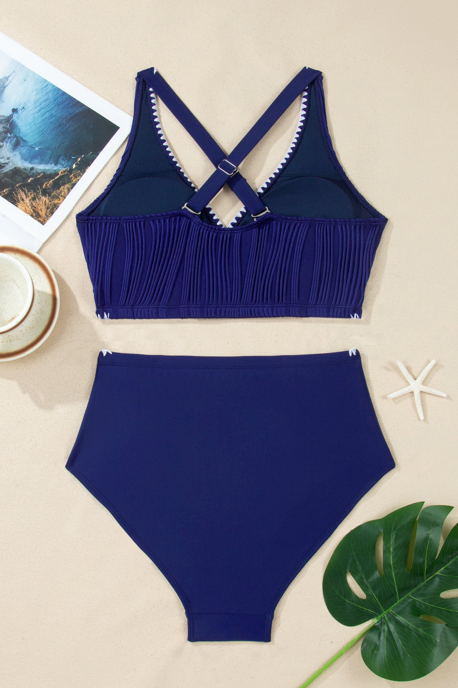 Shell Stitched Trim V-Neck Textured High Waist Bikini
