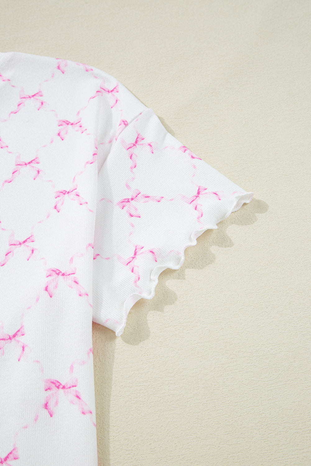 Pink Bow Knot Geometric Print Lettuce Trim Two Piece Pyjamas eAura
