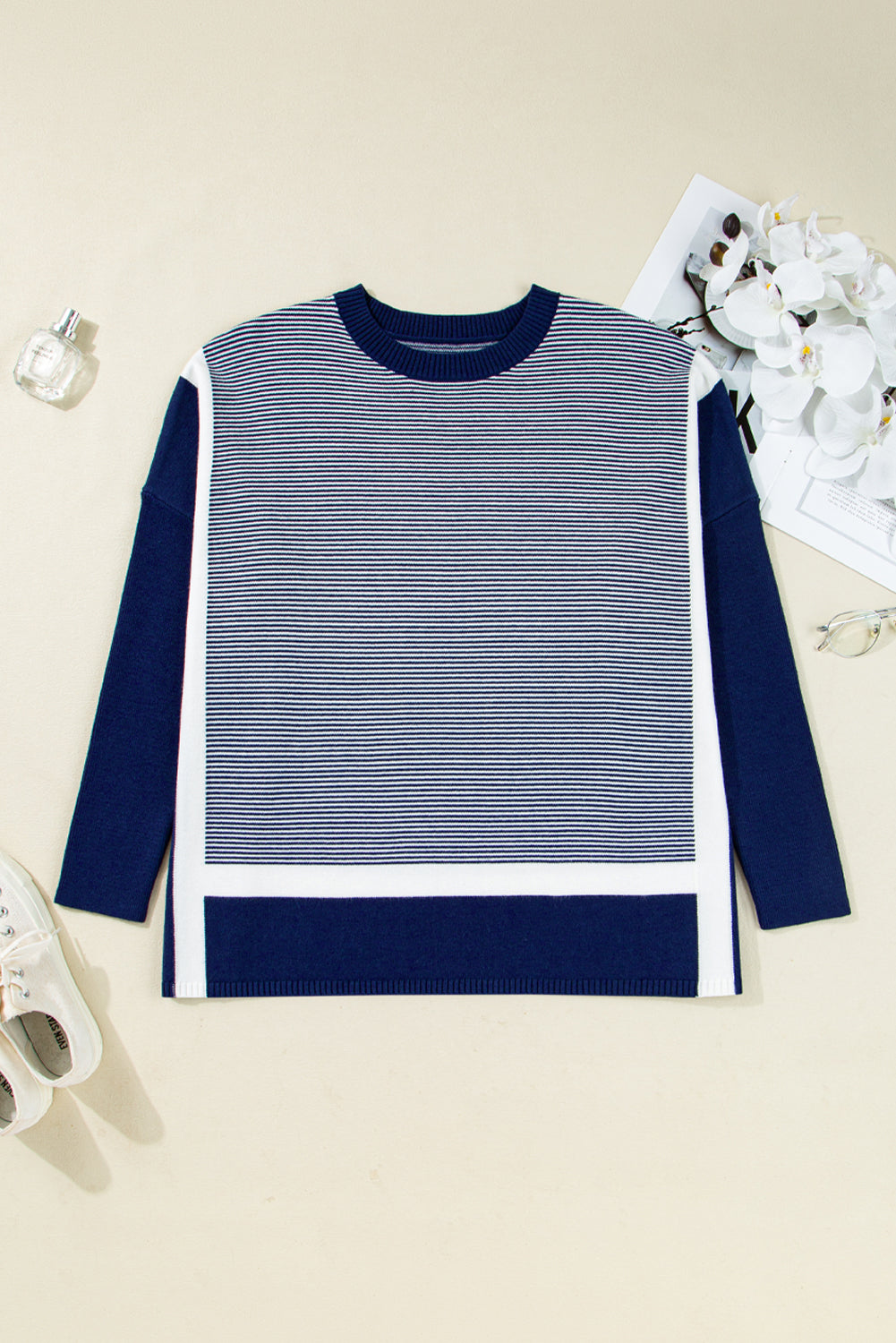 Striped Dolman Oversize Tunic Sweater - eAura