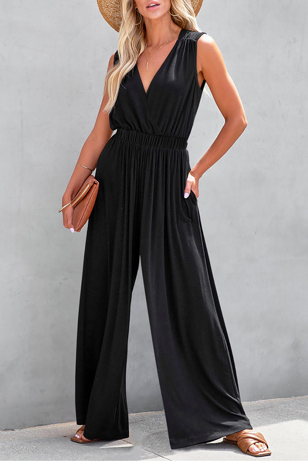 Jungle Green Deep V Pleated Crisscross Wide Leg Backless Jumpsuit eAura