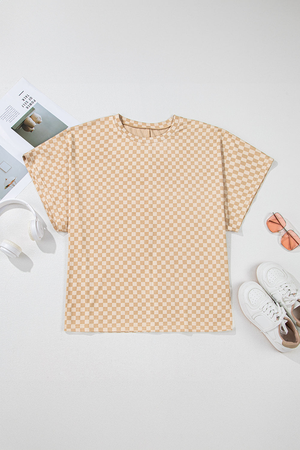 Khaki Checkerboard Short Batwing Sleeve Round Neck Plus Size T Shirt BB Fashion Outlet