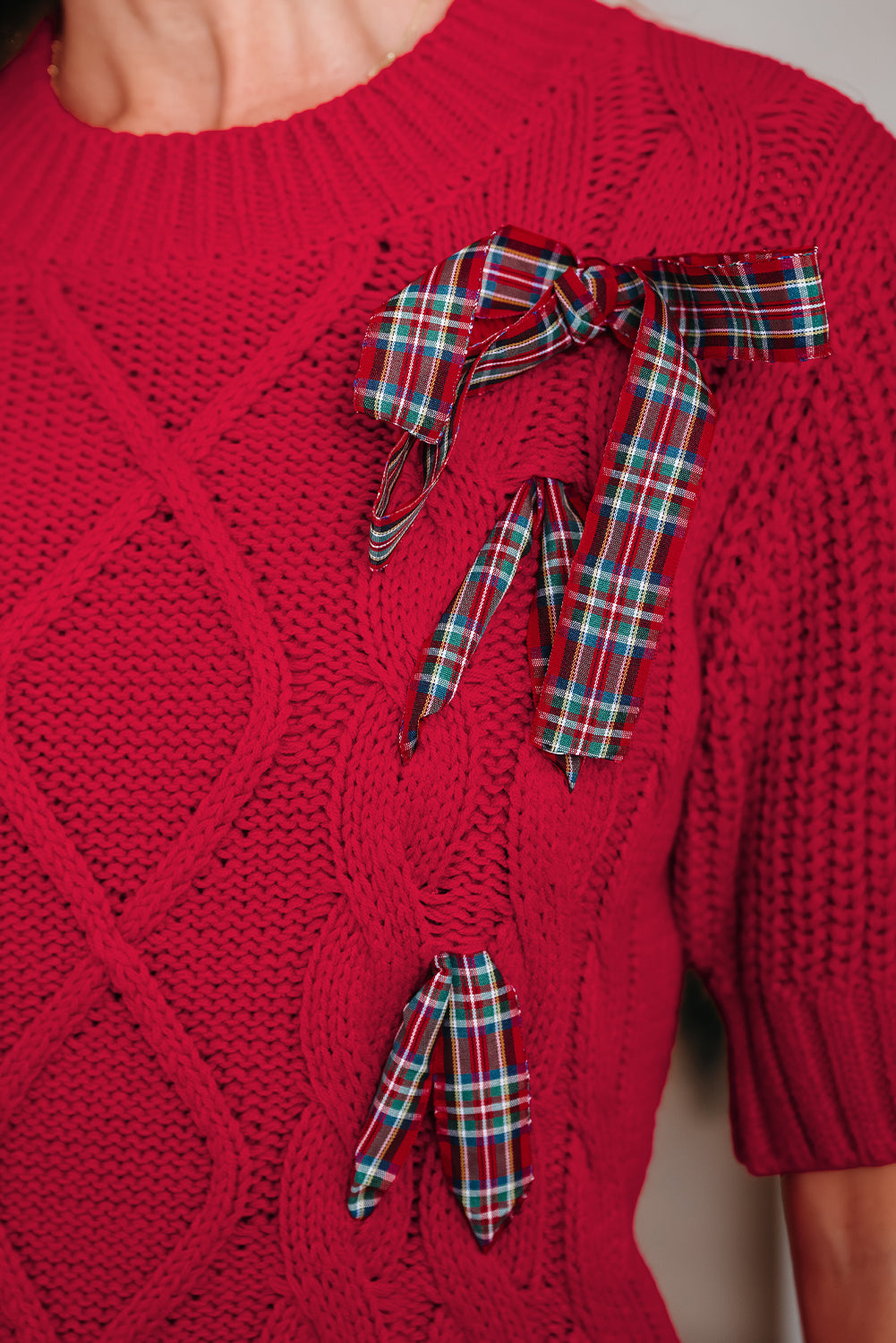 Plaid Lace up Detail Christmas Holiday Puff Short Sleeve Sweater - eAura