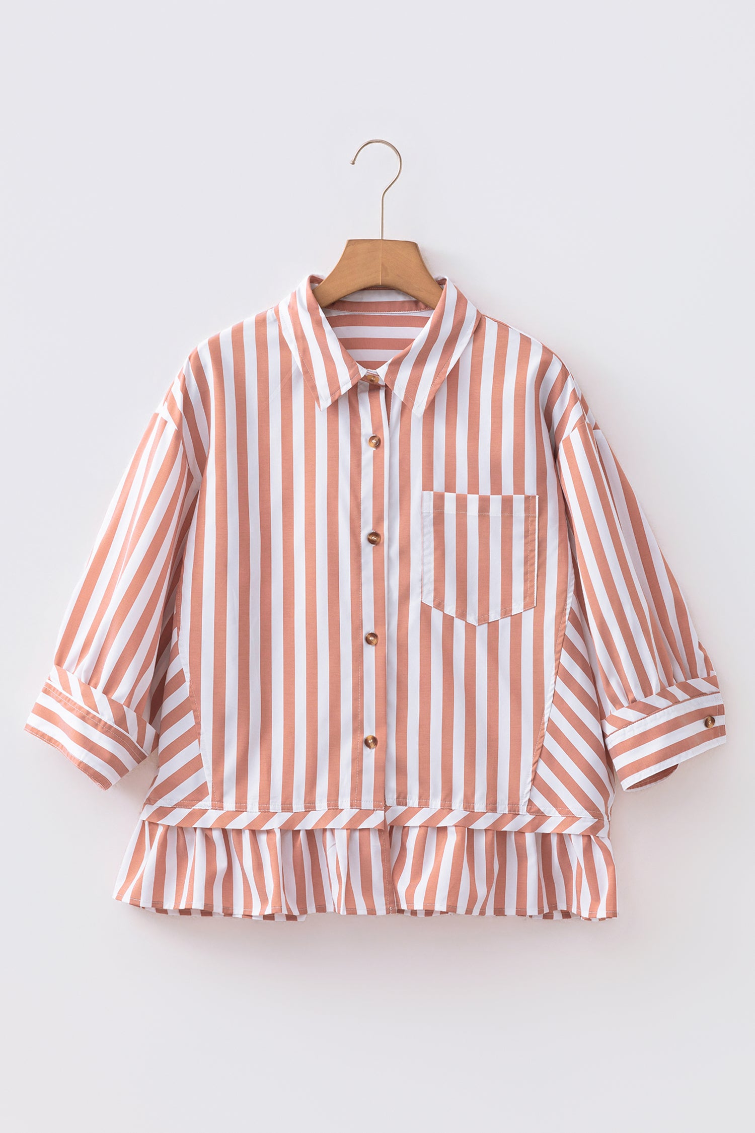 Button Front Ruffle Hem Bracelet Sleeve Shirt – Khaki Stripe