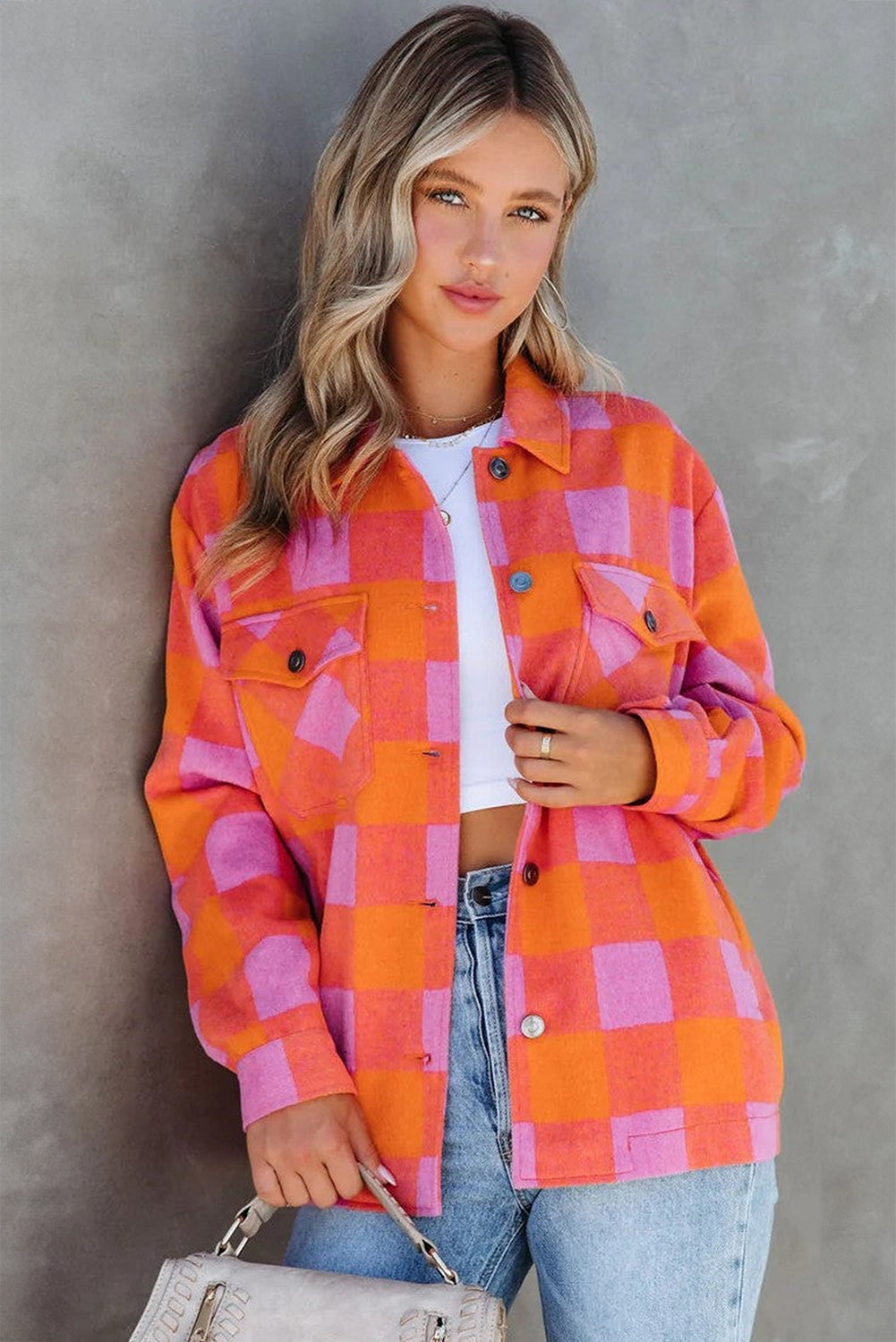 Orange Plaid Chest Pockets Button-up Turn Down Collar Jacket Beagle Boutique Fashion Outlet