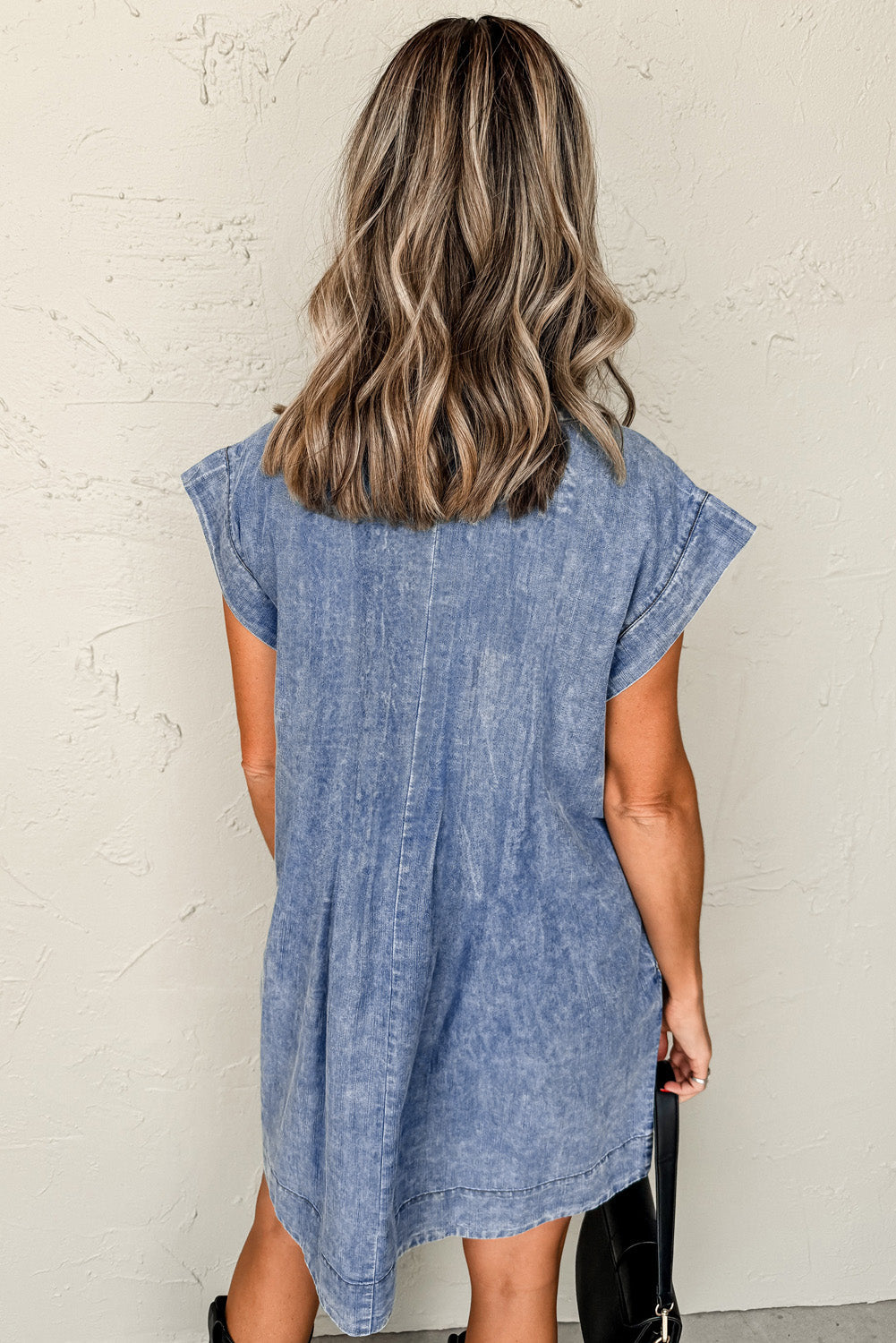 Beau Blue Tie V-Neck Tucking Detail Short Sleeve Denim Shift Dress - eAura