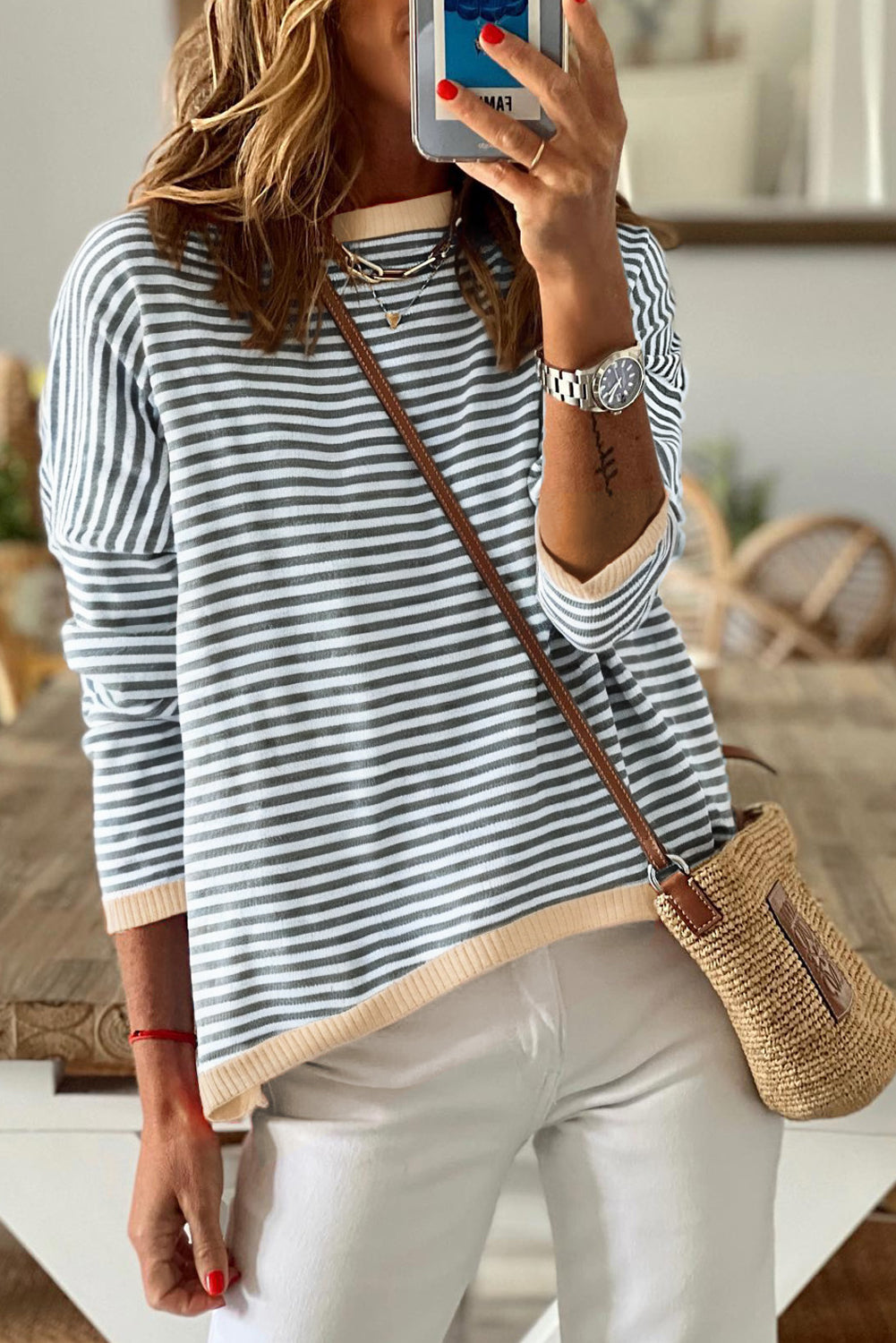 Contrast Trimmed Striped Drop Shoulder Sweater eAura