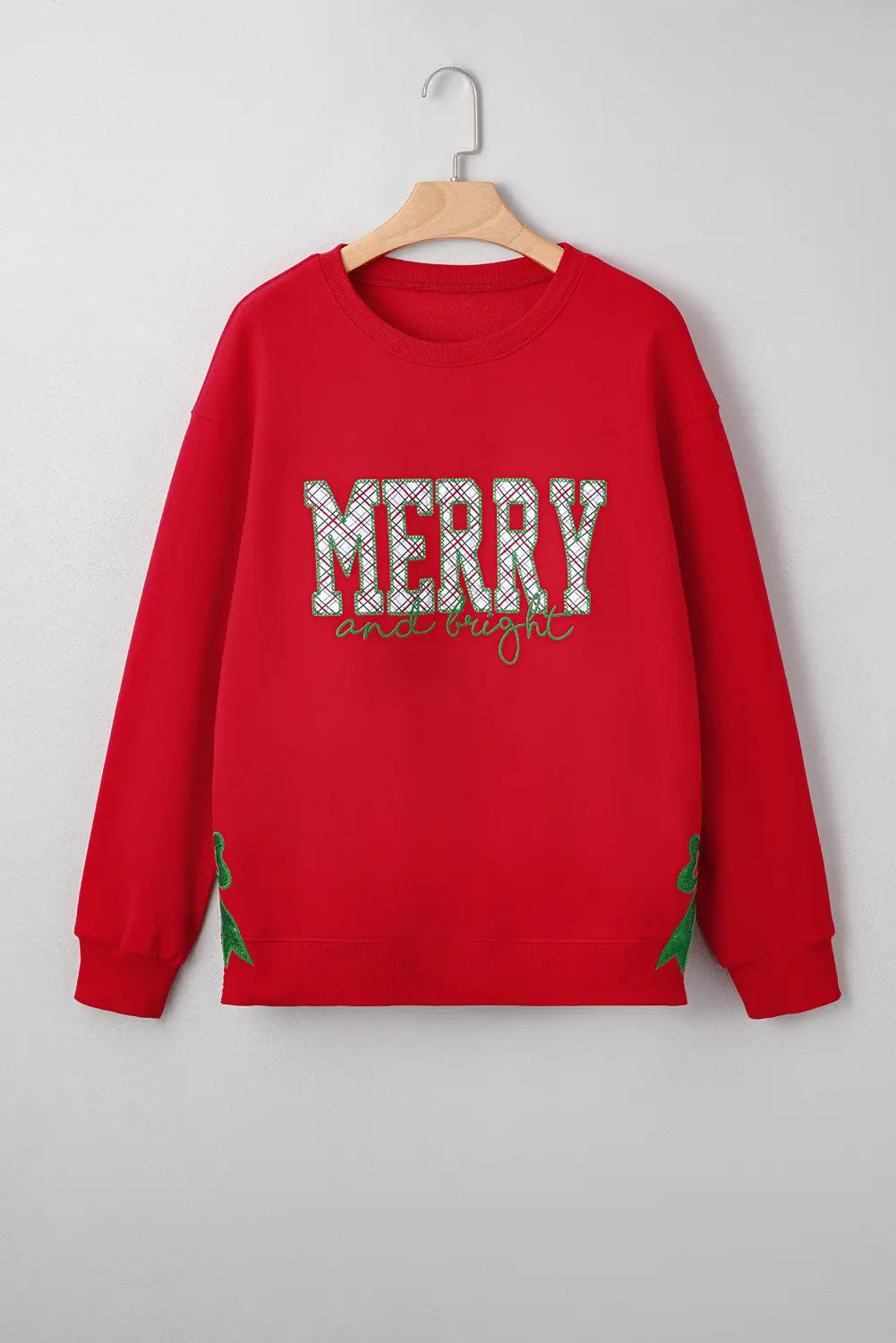 Merry and Bright Plaid Embroidered Letter Graphic Sequin Bow Decor Christmas Sweatshirt