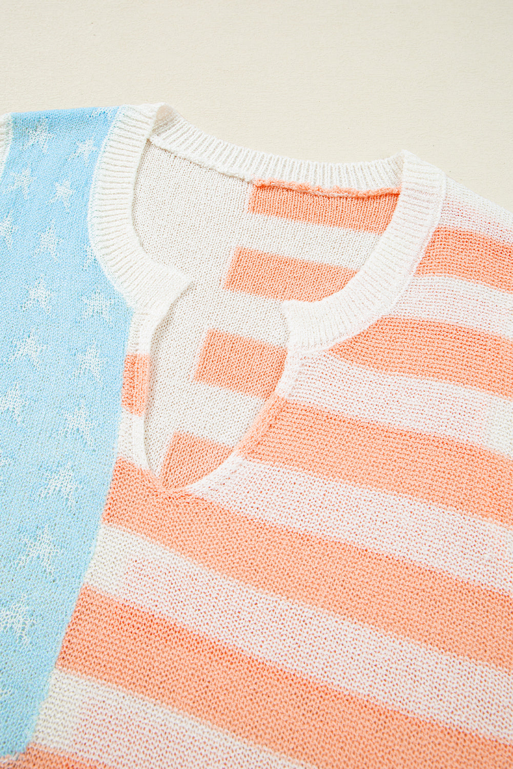 Beige USA Flag Notched Neckline Loose Sweater Vest eAura