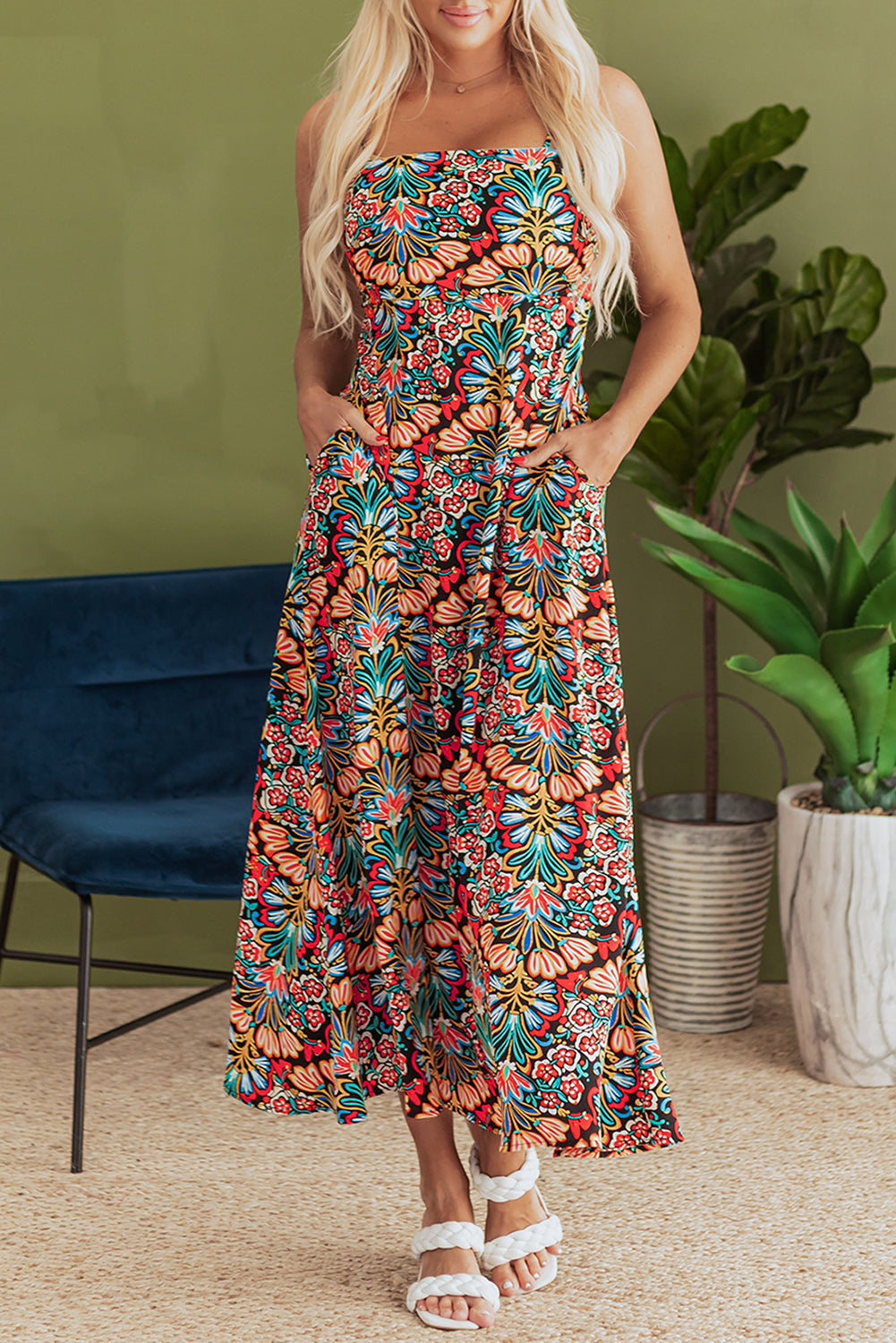 Black Boho Floral Print Thin Straps Sleeveless High Waist Maxi Dress eAura