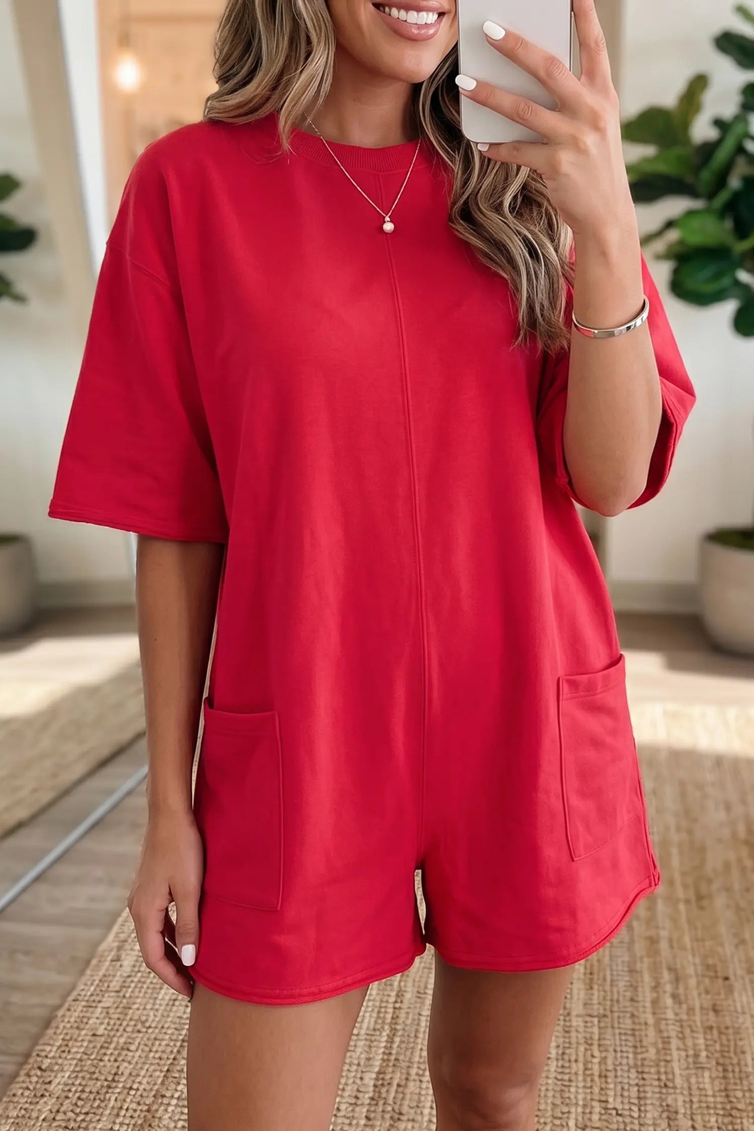 Fiery Red Solid Color Raw Edge Half Sleeve Pocketed Loose Romper
