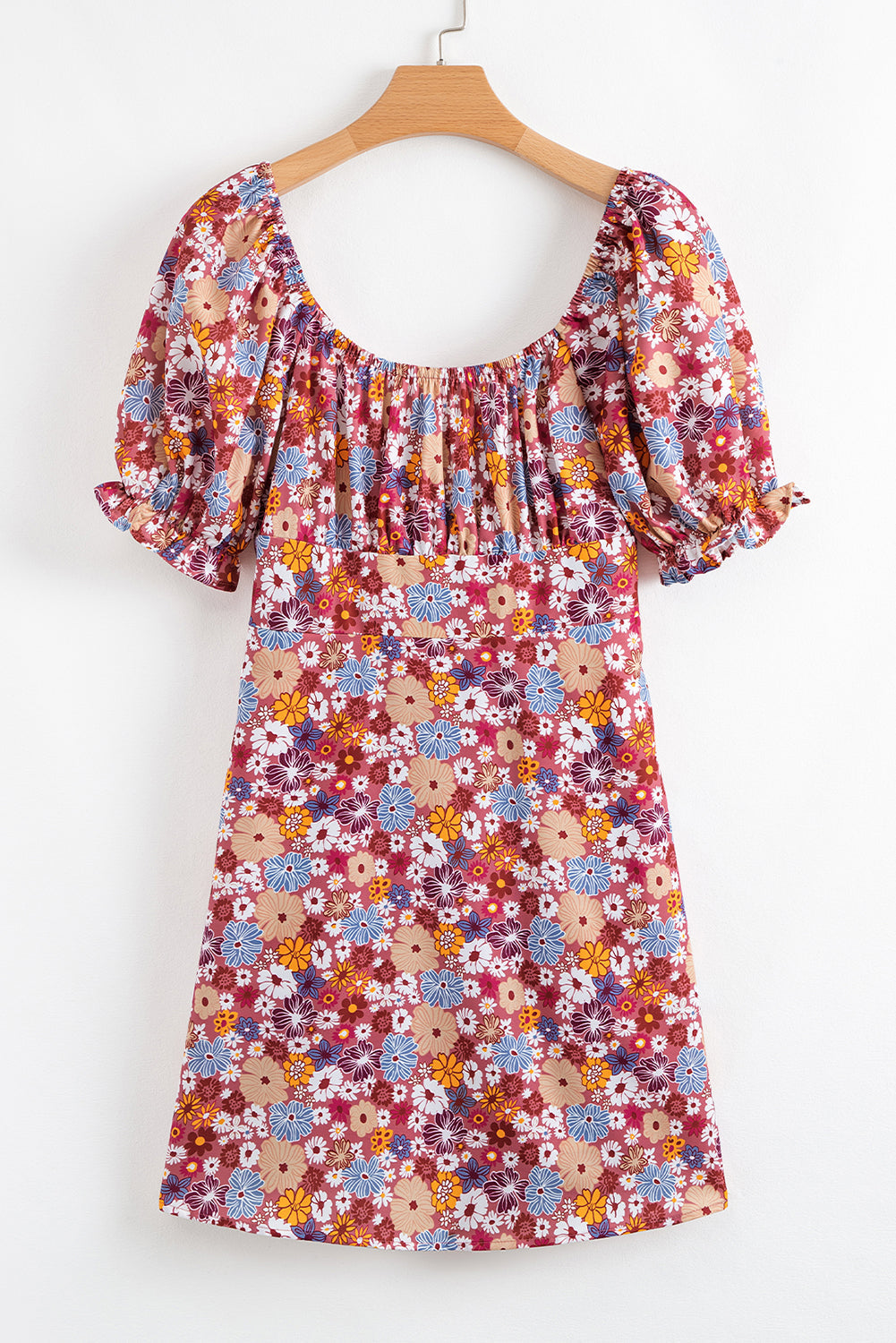 Red Floral Puff Sleeve Square Neck Knot Open Back Mini Dress eAura