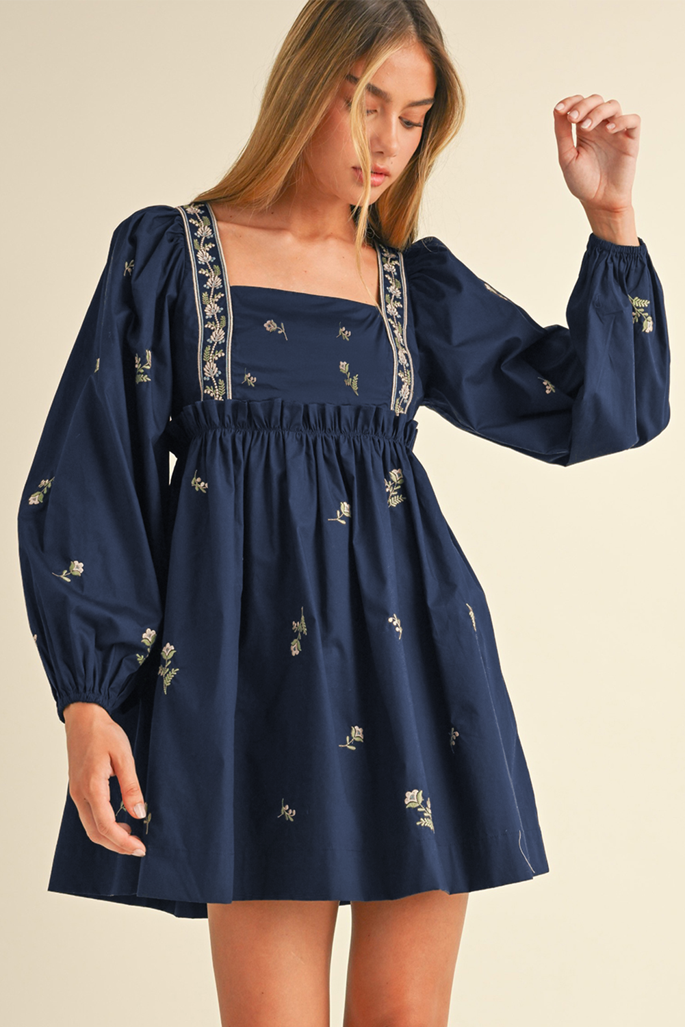 Blue Floral Embroidered Square Neck Puff Sleeve Ruffled Mini Dress eAura