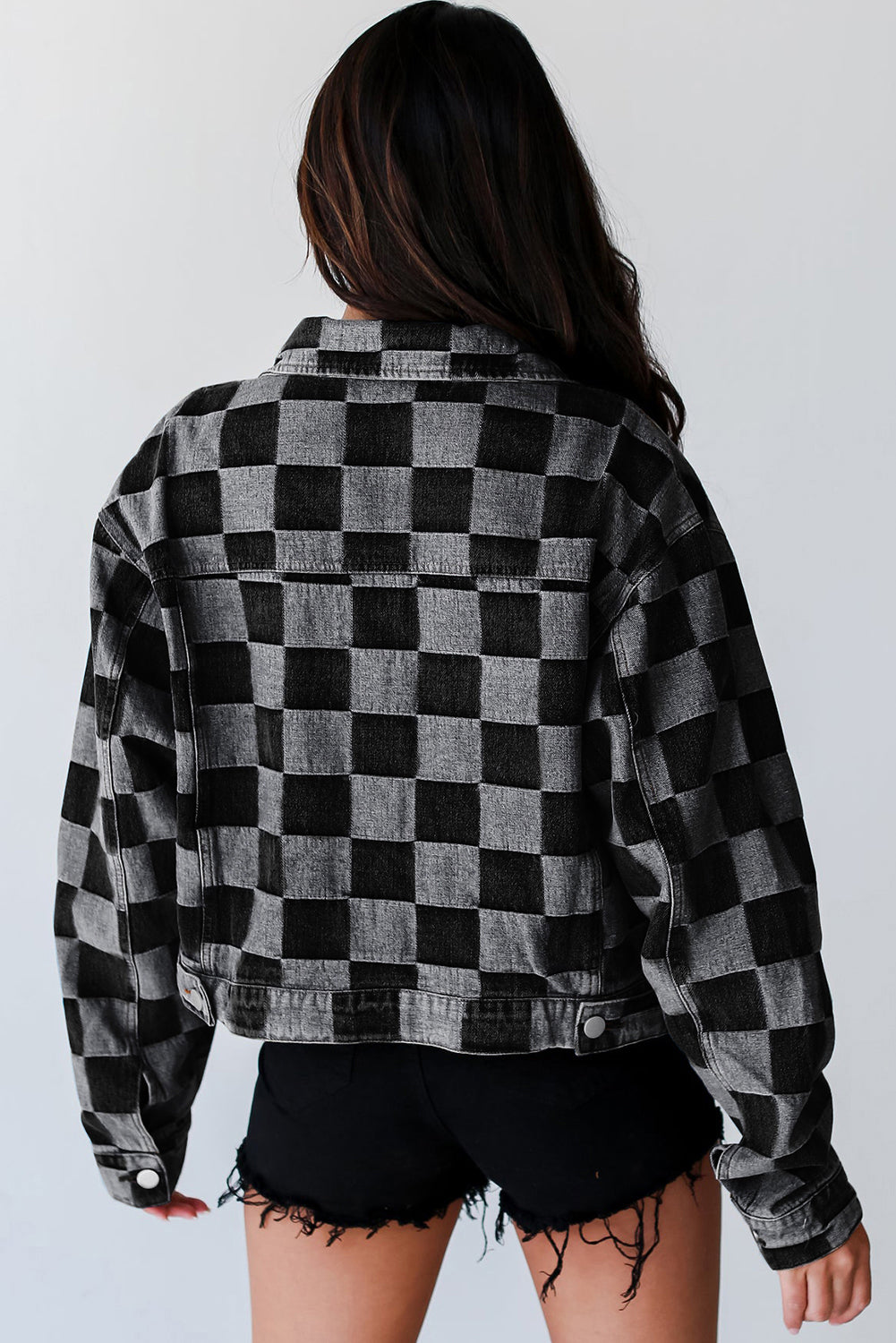 Light Blue Checkered Patchwork Button up Denim Jacket Beagle Boutique Fashion Outlet