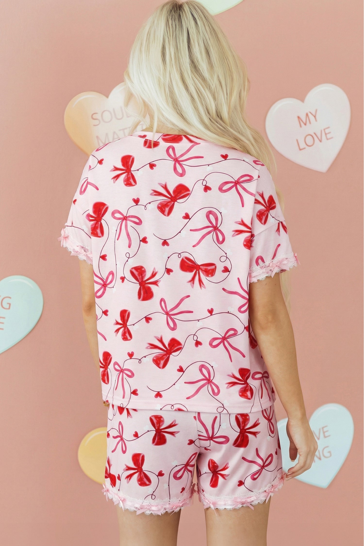Romantic Bow Print Loose Tee Drawstring Shorts 2pcs Lounge Set – Red