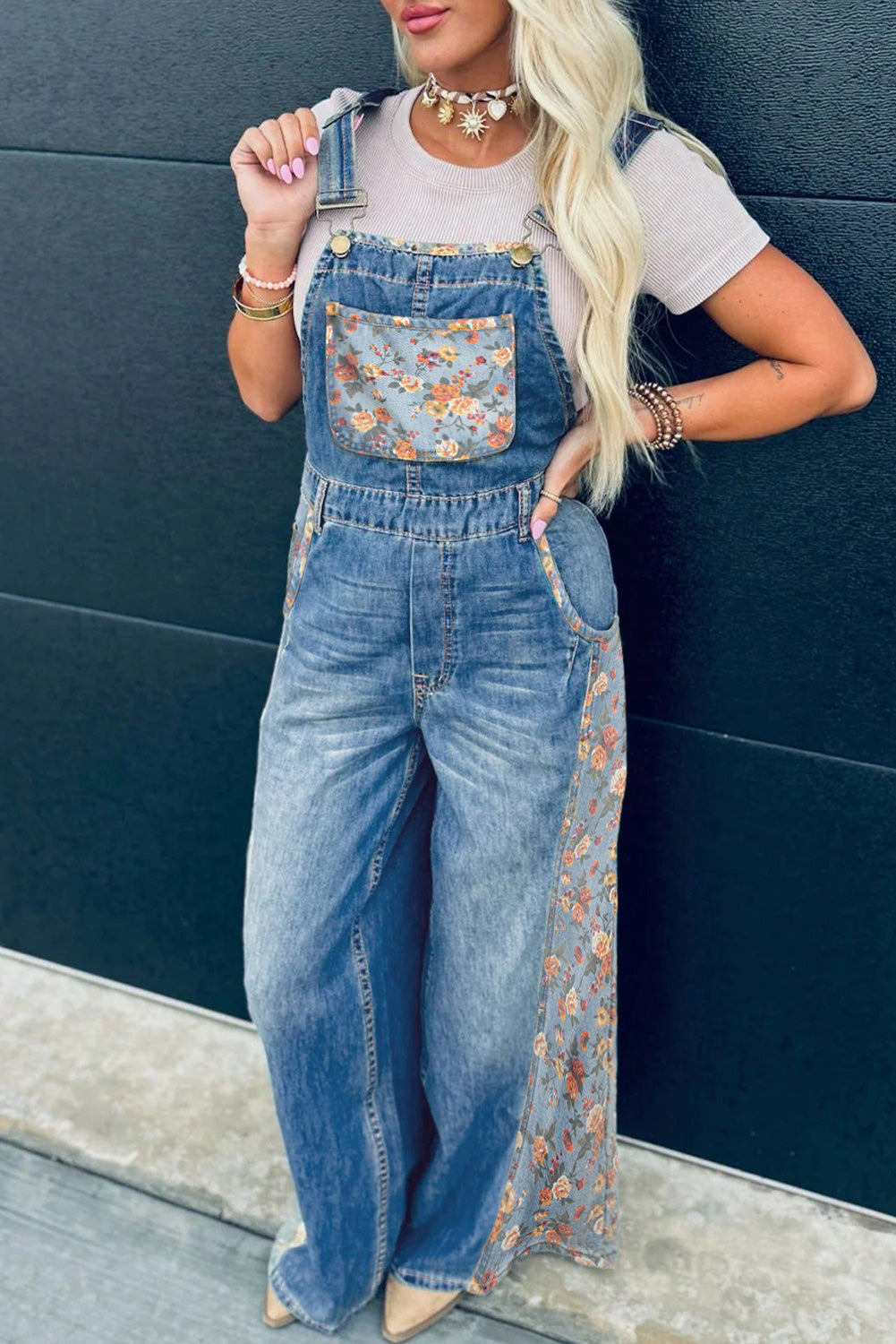 Floral Patchwork Bib Denim Wide Leg Overalls Dungarees