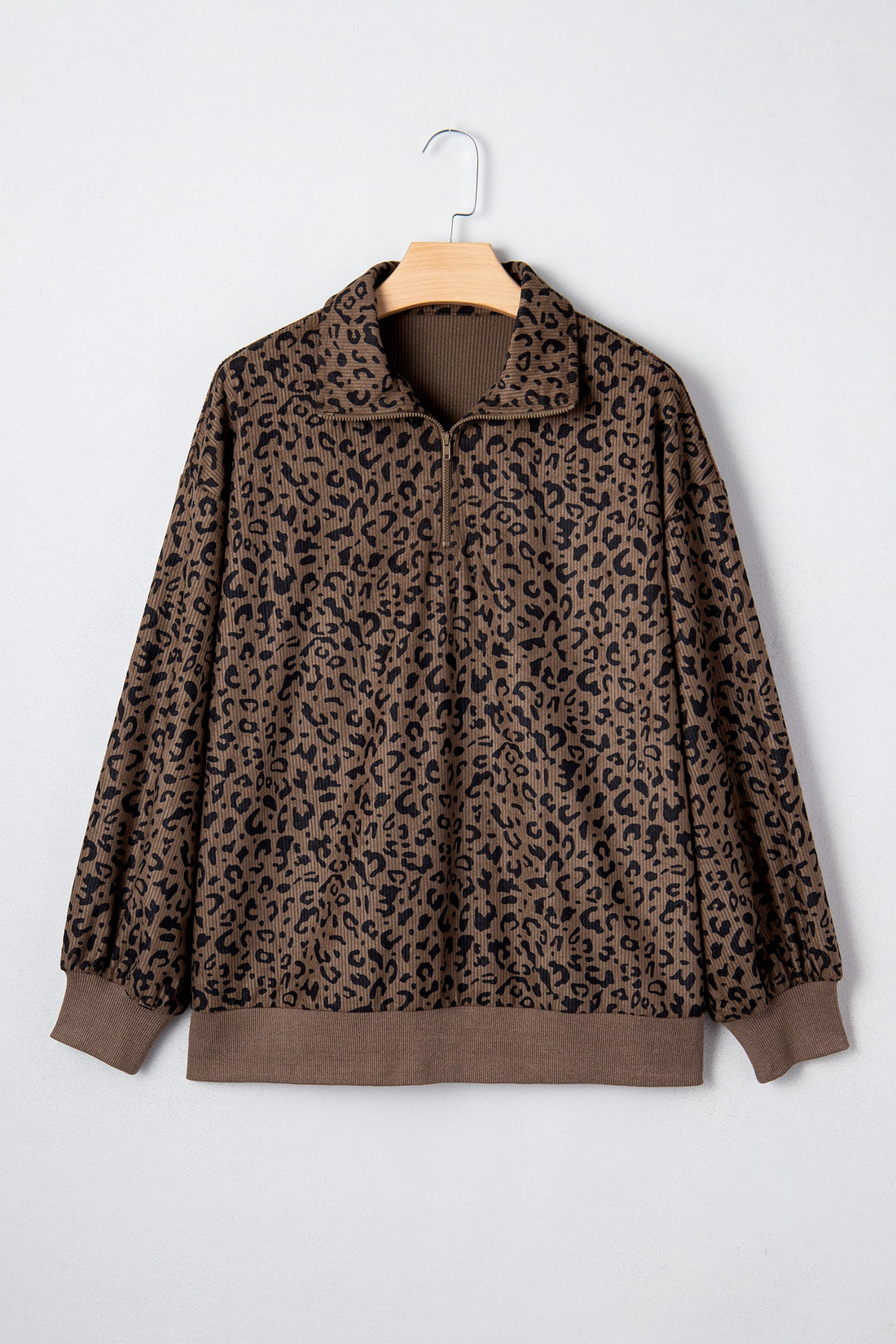Leopard Print Quarter Zip Soft Corduroy Sweatshirt - eAura