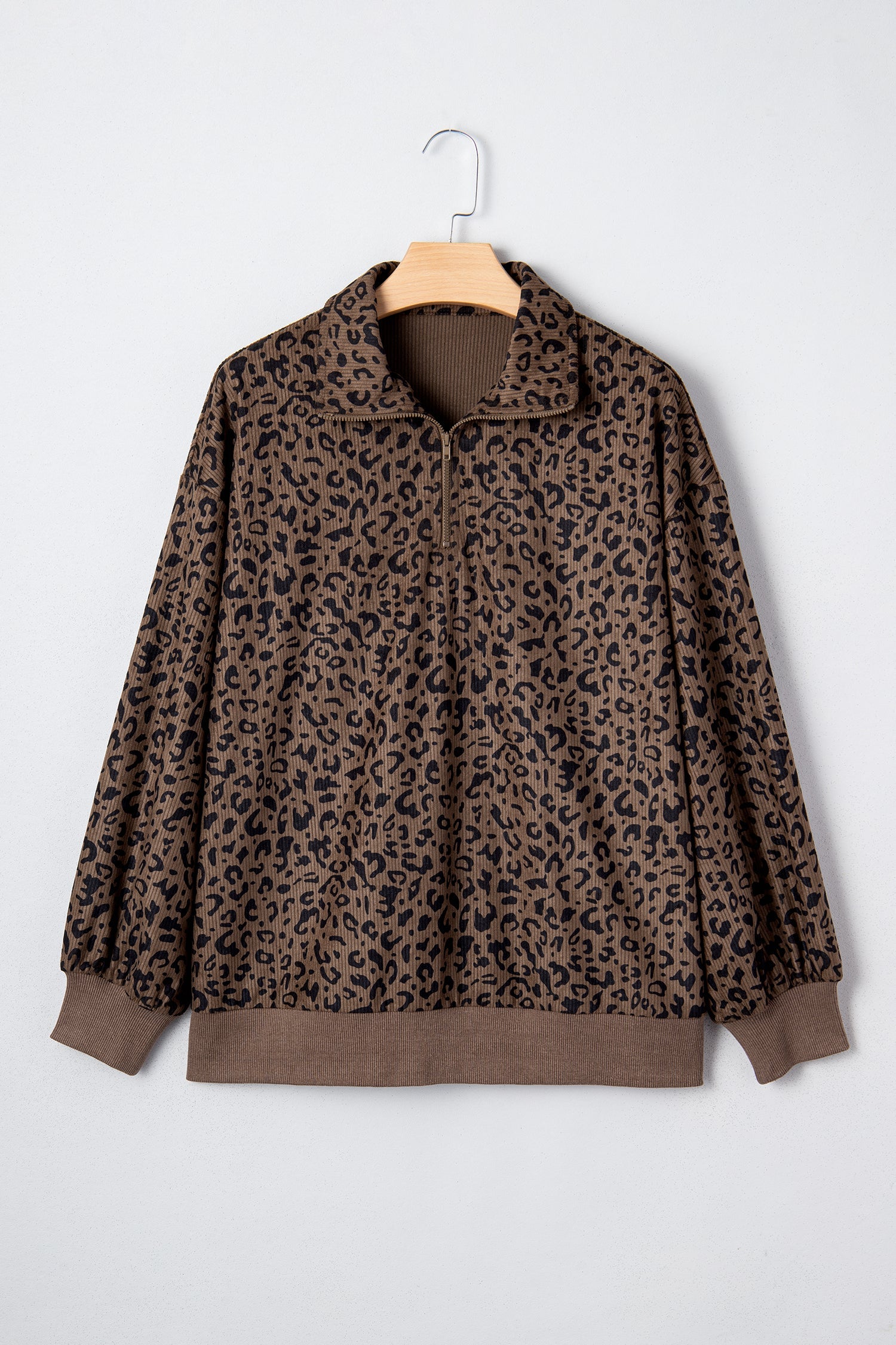 Leopard Print Quarter Zip Soft Corduroy Sweatshirt - Tops/Sweatshirts & Hoodies