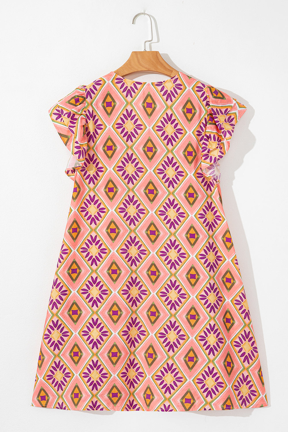 Orange Geometric Floral V Neck Buttoned Ruffled Sleeve Mini Dress eAura