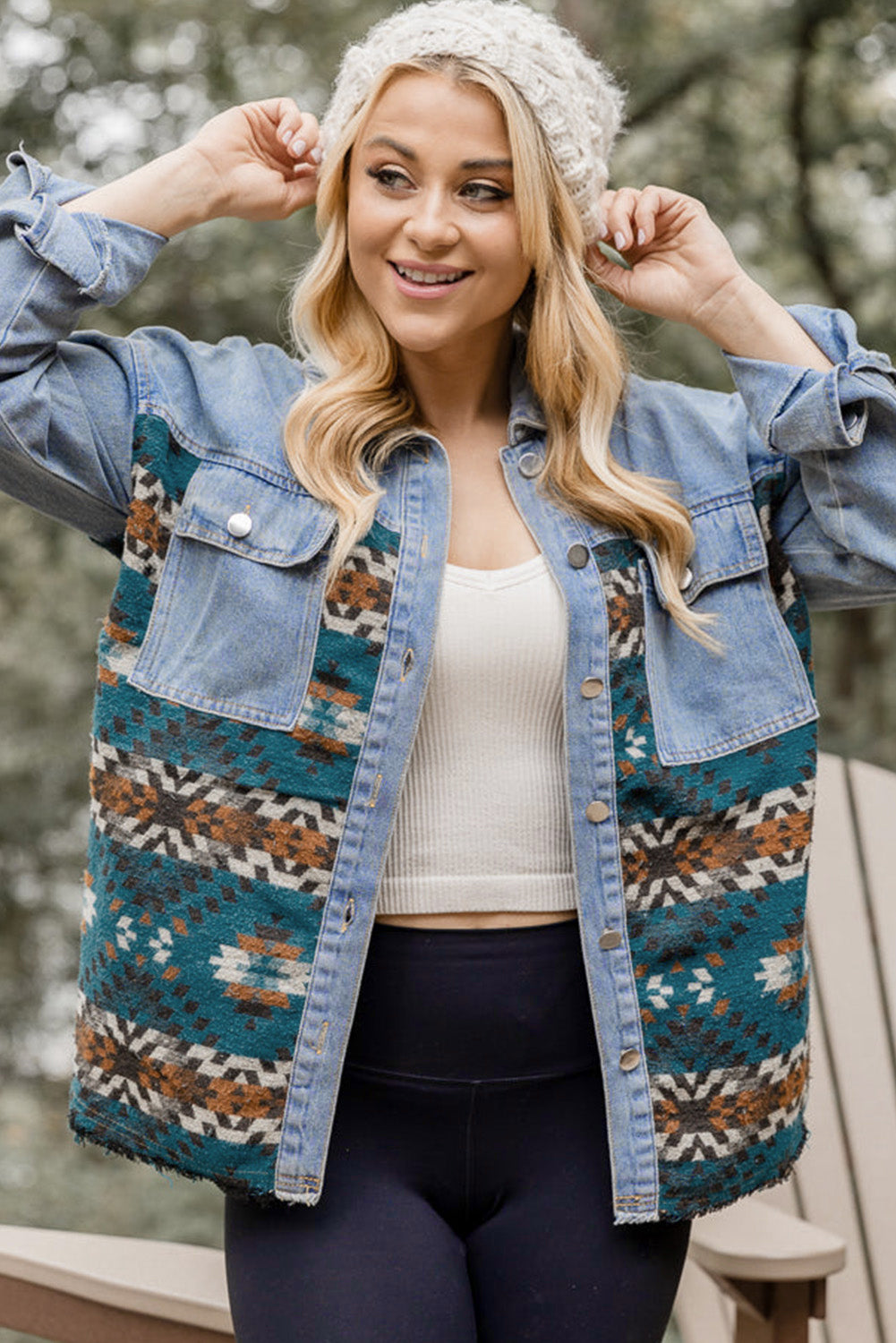Blue Aztec Printed Denim Jacket Beagle Boutique Fashion Outlet