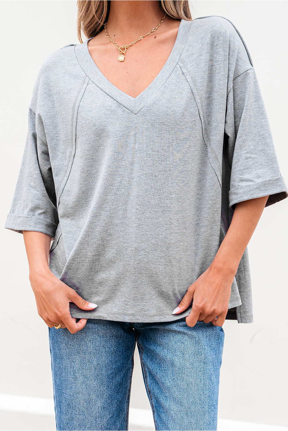 High Raglan Half Sleeve V Neck Oversized T Shirt eAura