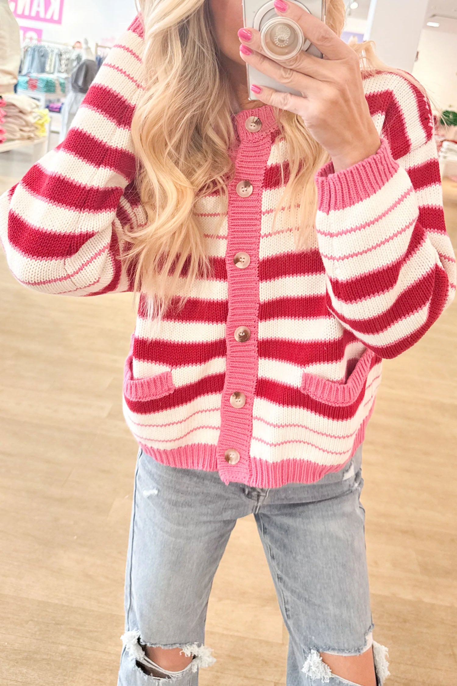 V Neck Long Sleeve Regular Fit Cardigan – Red Stripe