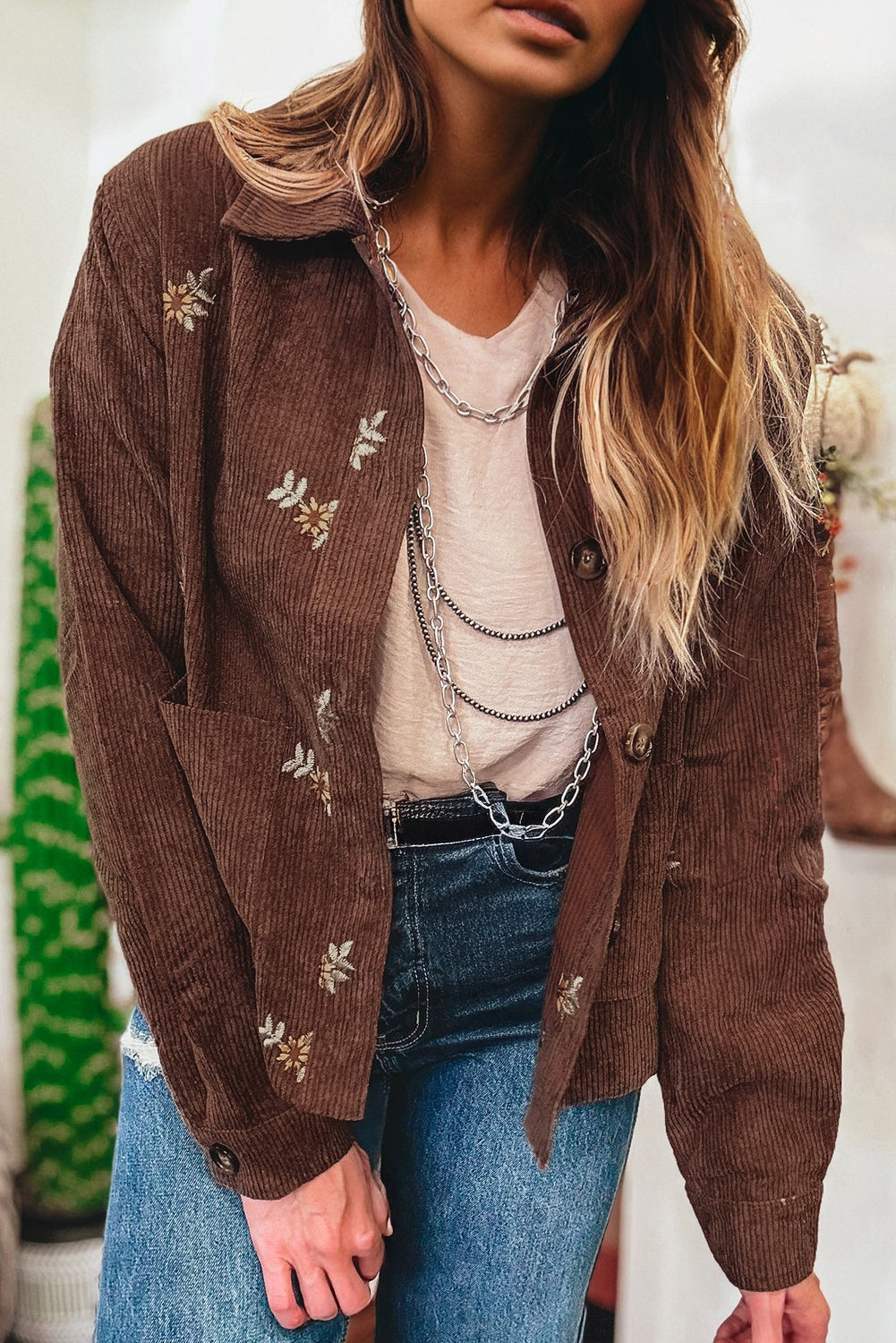 Floral Embroidered Collar Button Front Soft Corduroy Jacket eAura