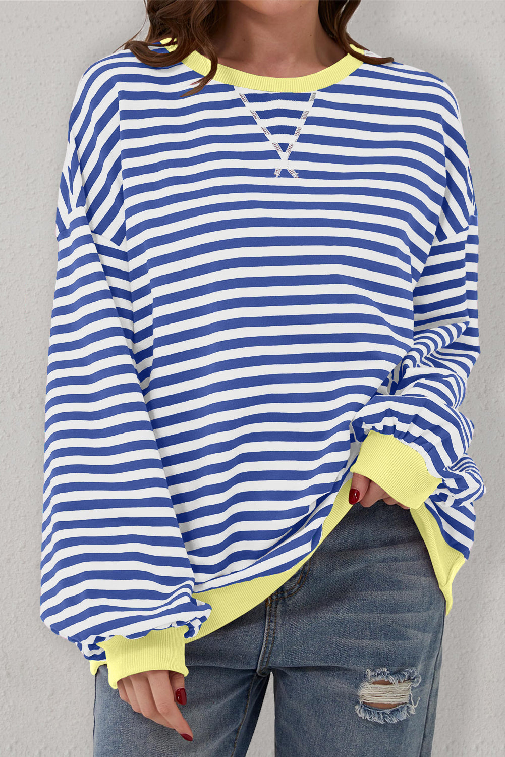 Sky Blue Stripe Oversized Contrast Trim Pullover Sweatshirt BB Fashion Outlet