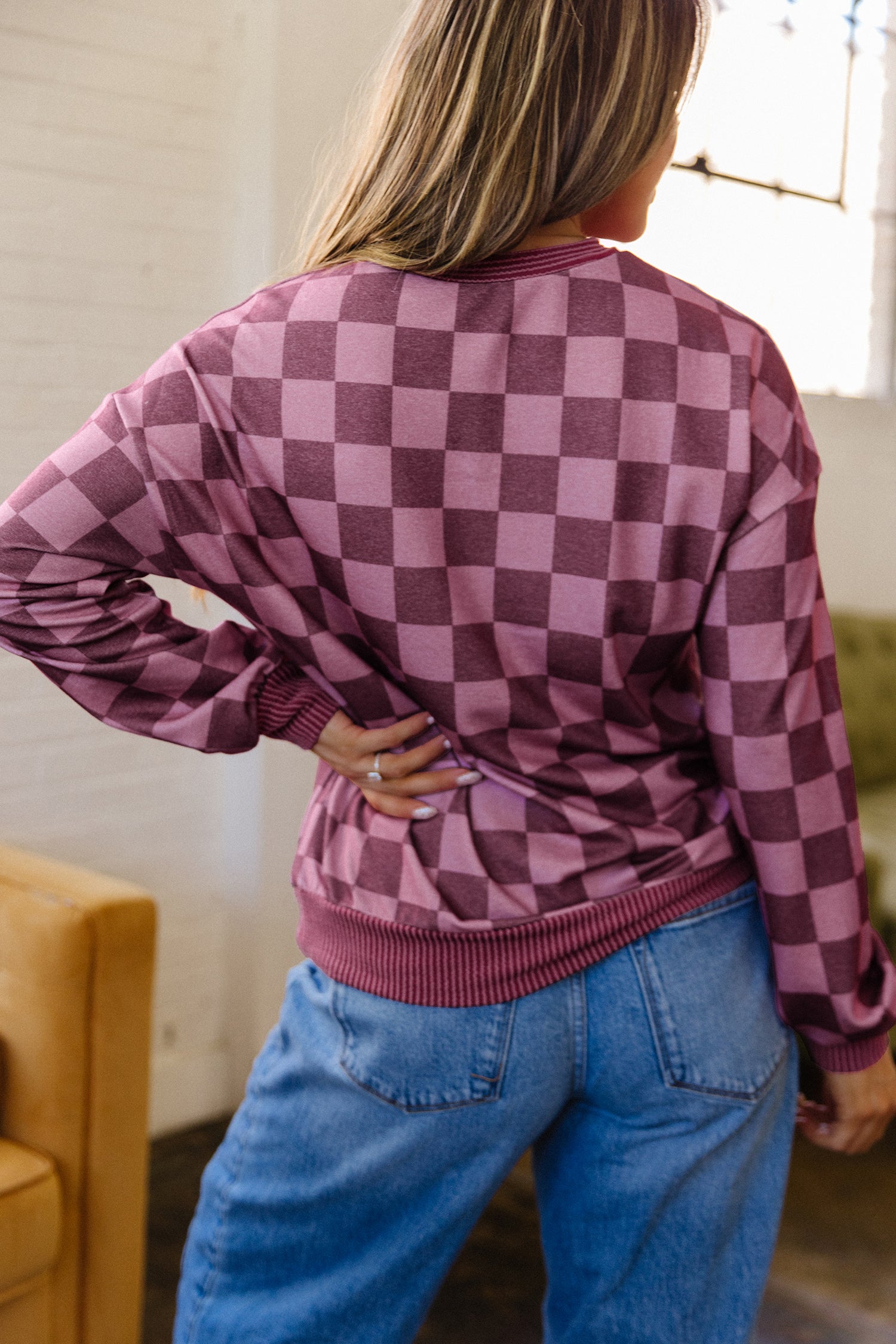 Ribbed Trim Checkered Print Long Sleeve Pullover Top – Red