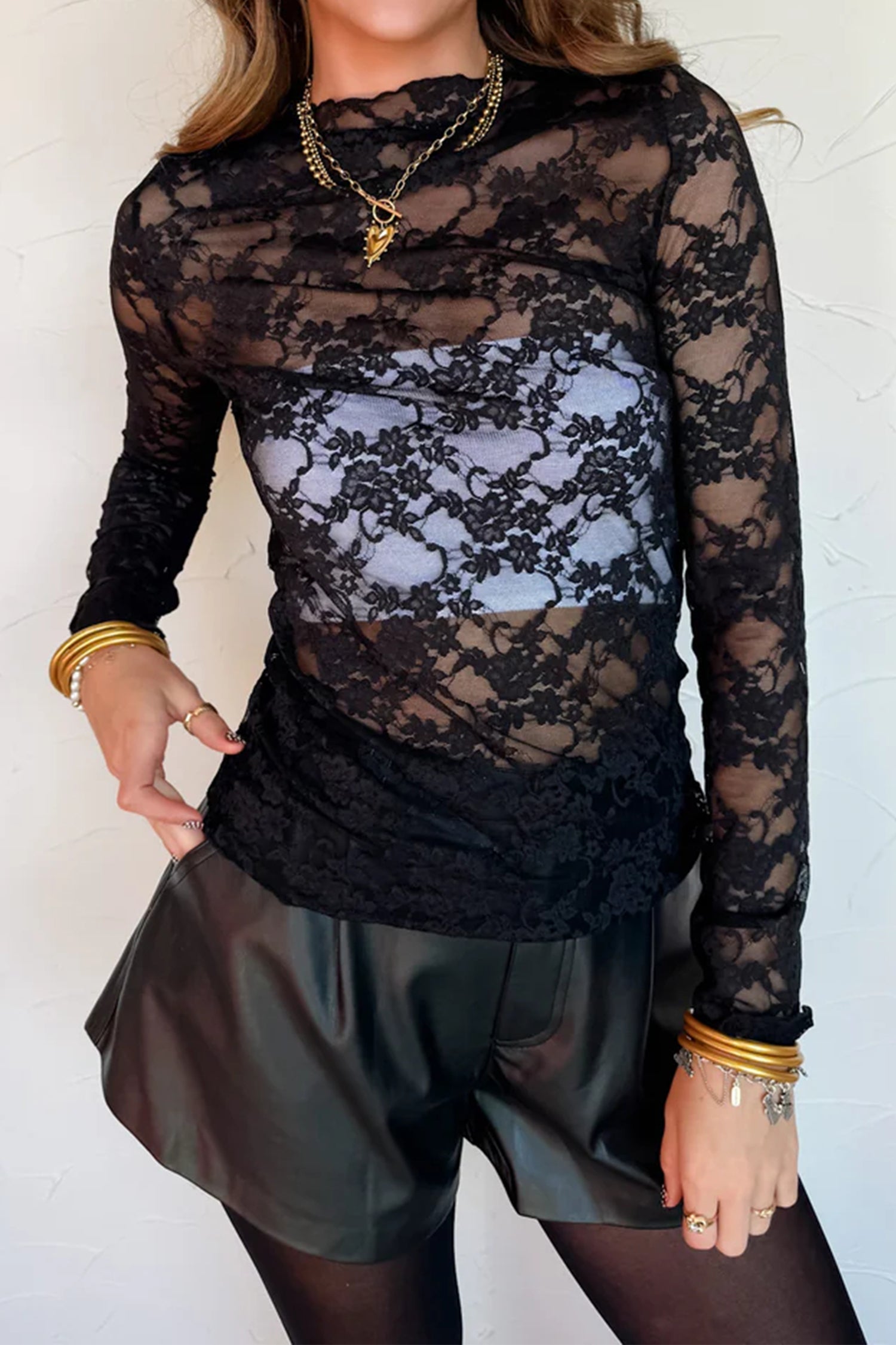 Sheer Floral Lace Lettuce Trim Mock Neck Long Sleeve Top – Black