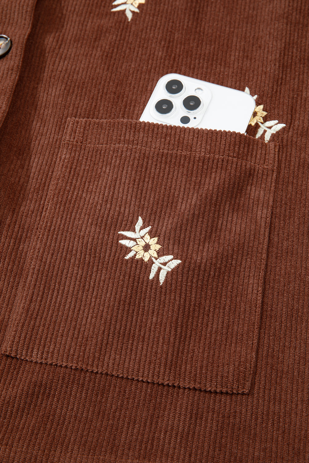 Floral Embroidered Collar Button Front Soft Corduroy Jacket eAura