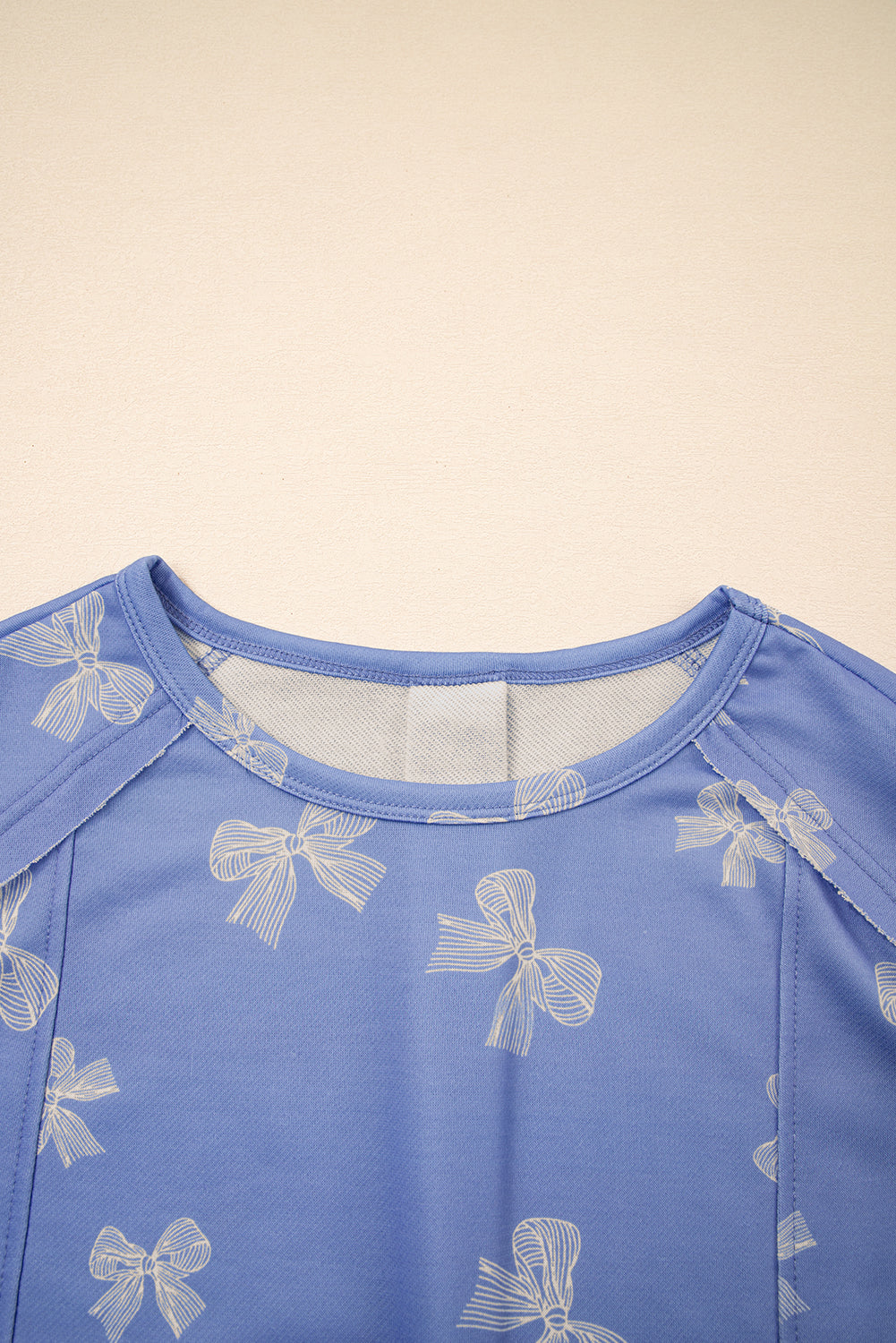 Sky Blue Bow Knot Print Crewneck Ruffled Sleeve Shift Mini Dress eAura