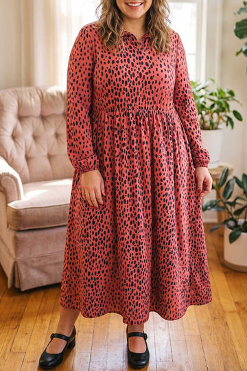 Leopard Print Long Sleeve V Neck Plus Size Midi Dress – Red