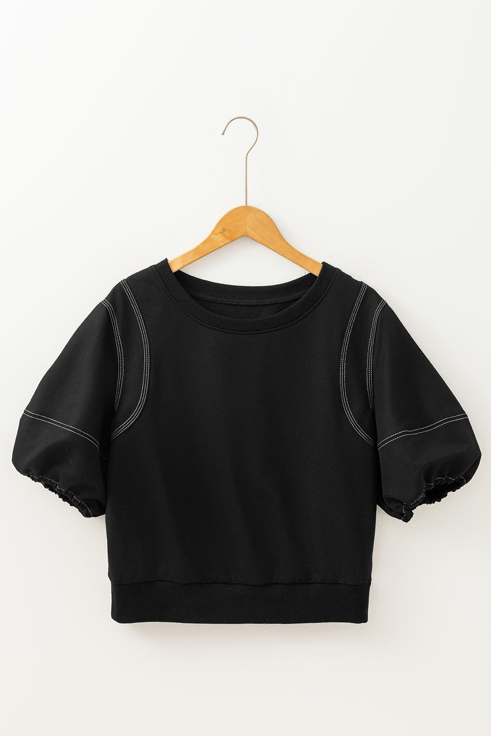 Black Contrast Stitches Detail Puffy Half Sleeve Blouse - eAura