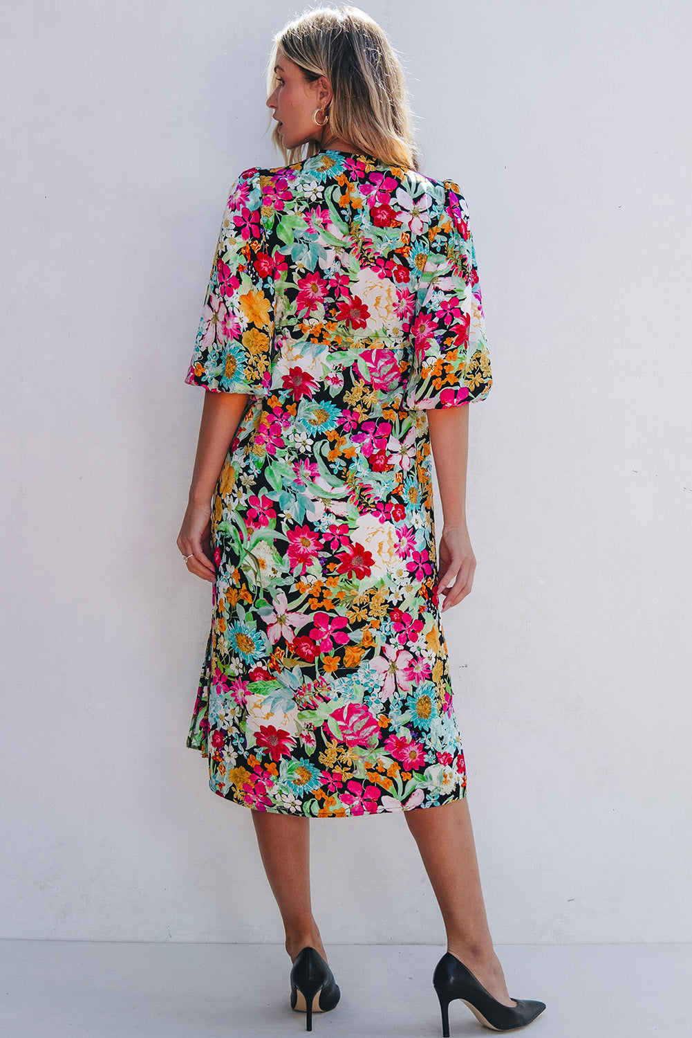 Green Floral Puff Sleeve V Neck Tassel Drawstring Dress eAura