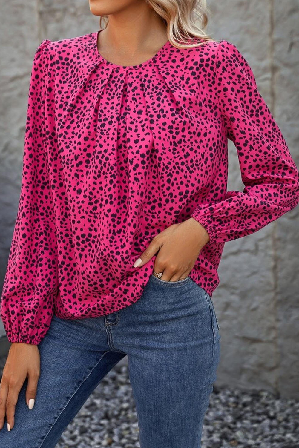Rose Leopard Print Pleated Blouse with Keyhole eAura