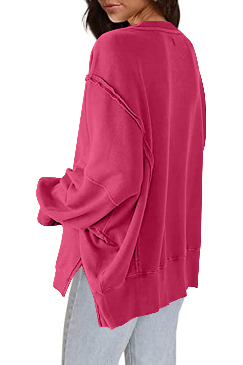 Rose Exposed Seam Drop Shoulder Slit High Low Hem Sweatshirt eAura