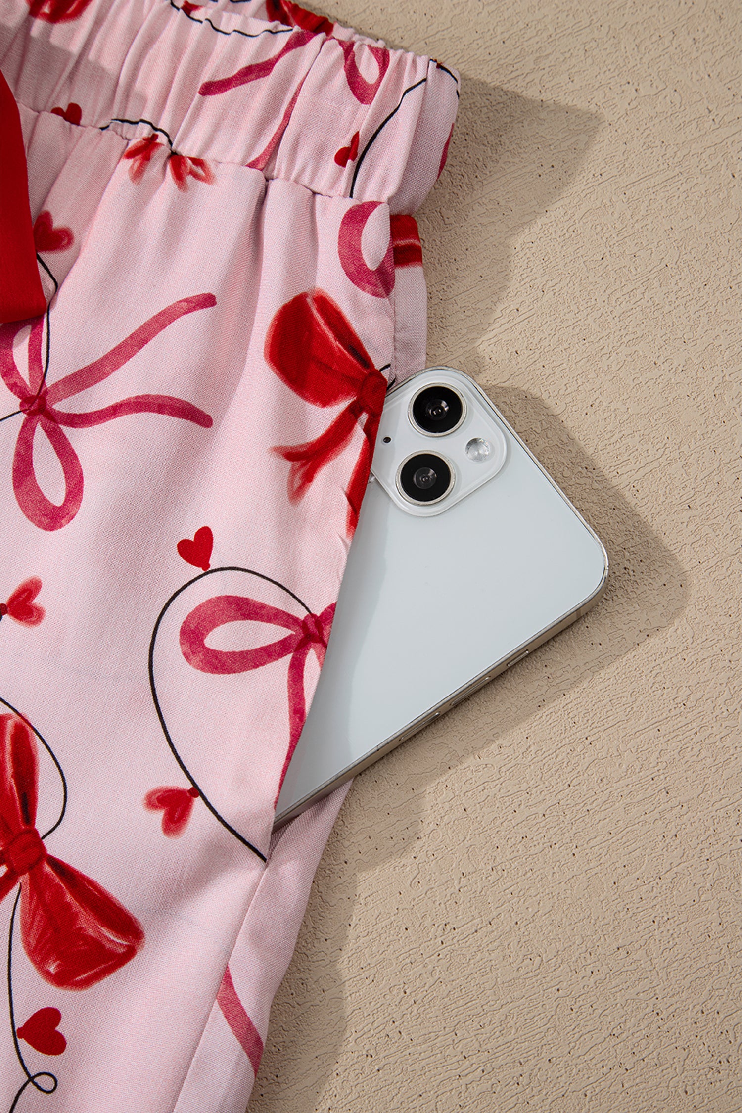Bow Print Valentine Long Sleeve Shirt Shorts 2 Pcs Pajama Set – Red