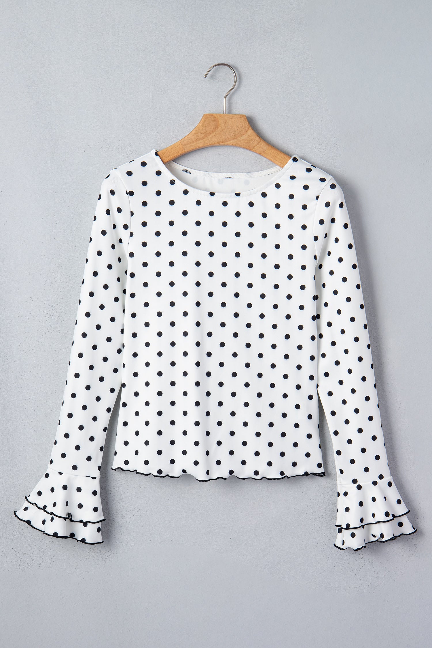 Polka Dot Print Lettuce Trim Long Sleeve Top – Black