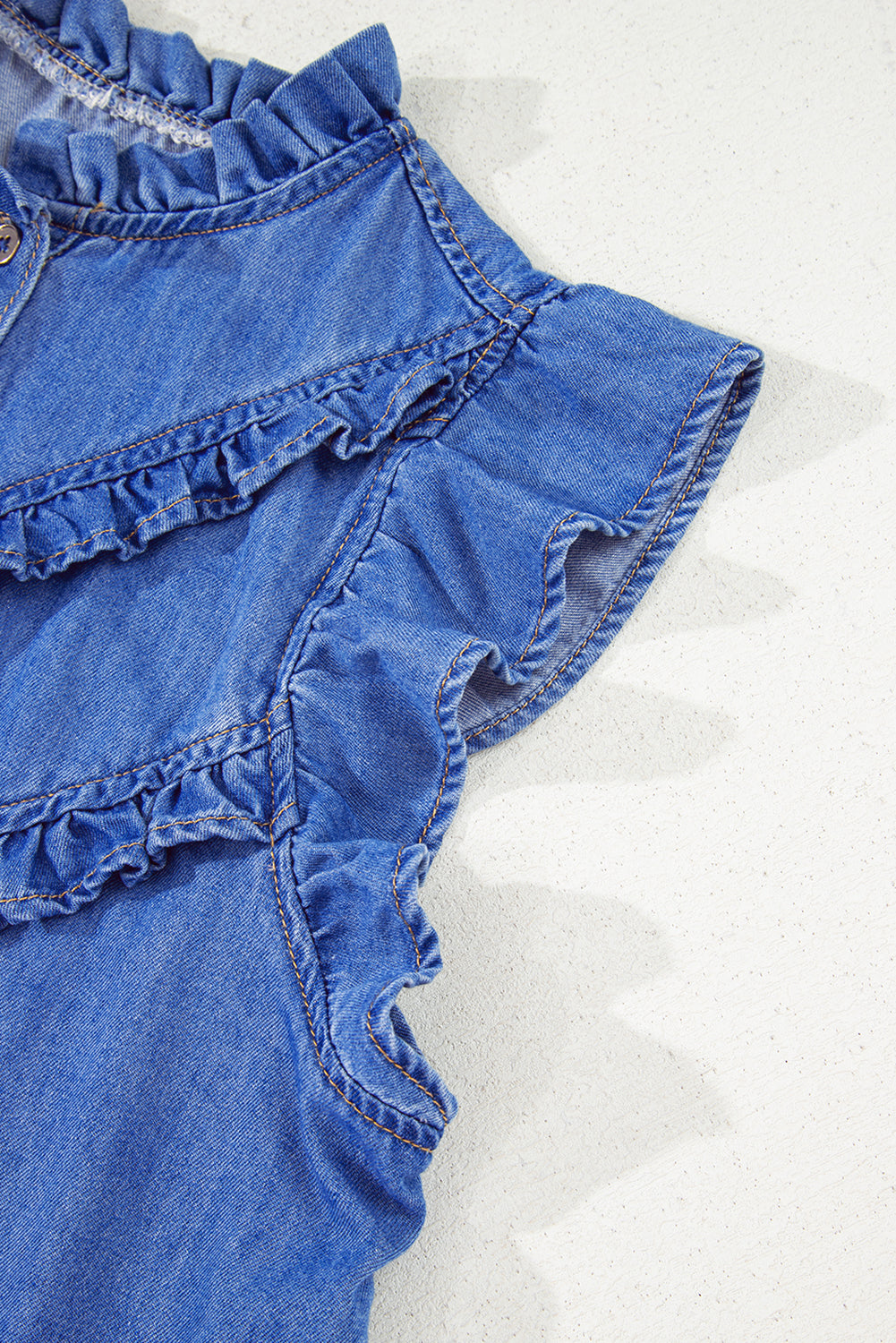 Mineral Wash Cap Sleeve Ruffled Button Up Denim Shirt eAura