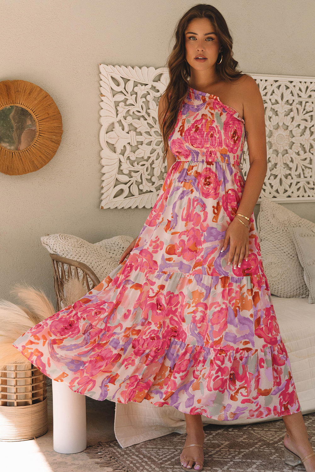 Pink Abstract Floral Print Shirred One Shoulder Maxi Dress eAura