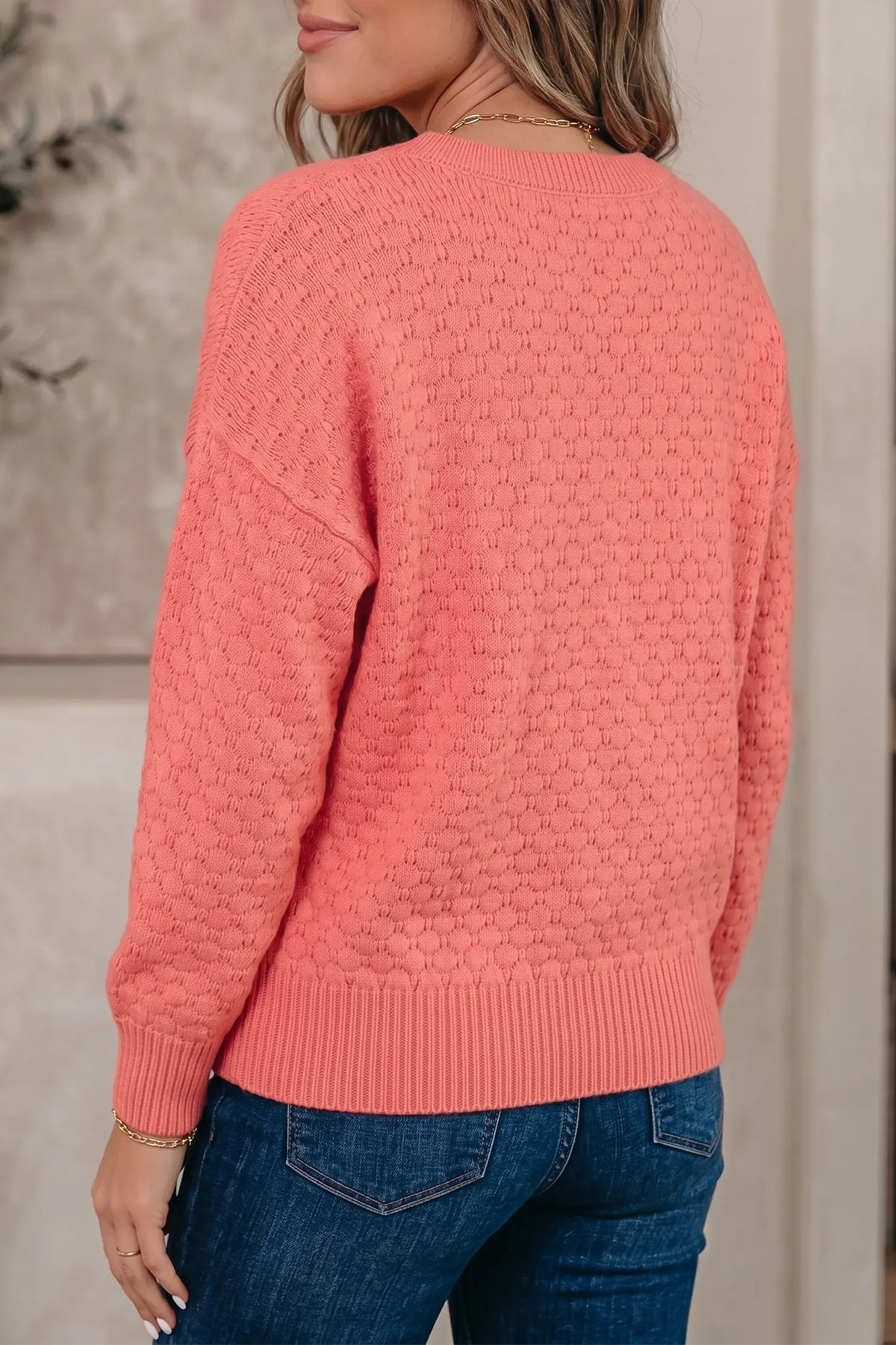 Breathable Patterned Knit Drop Shoulder Pullover Sweater – Coral Paradise