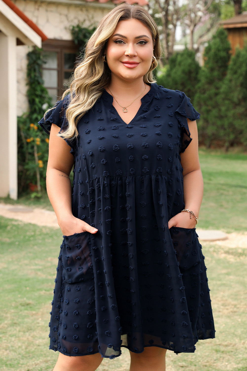 Navy Blue Dotty Textured Notched Neck Plus Ruffled Dress BB Fashion Outlet