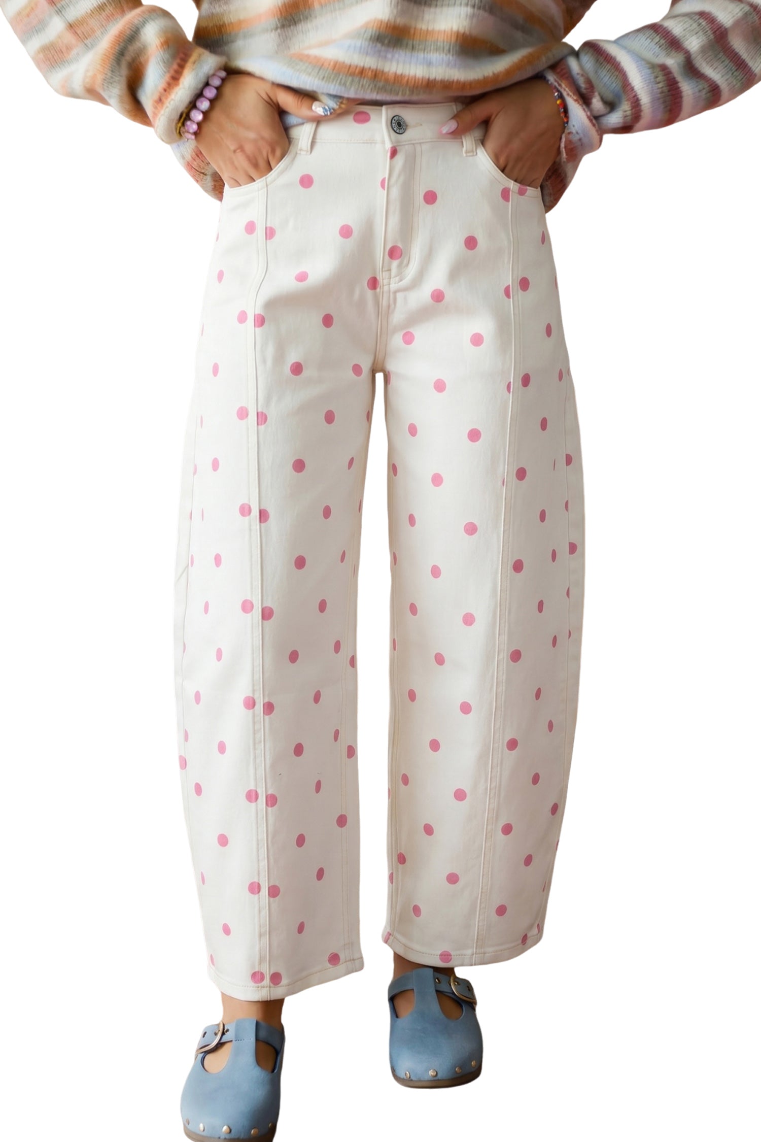 Polka Dot Print Seam Detail Barrel Jeans – Pink