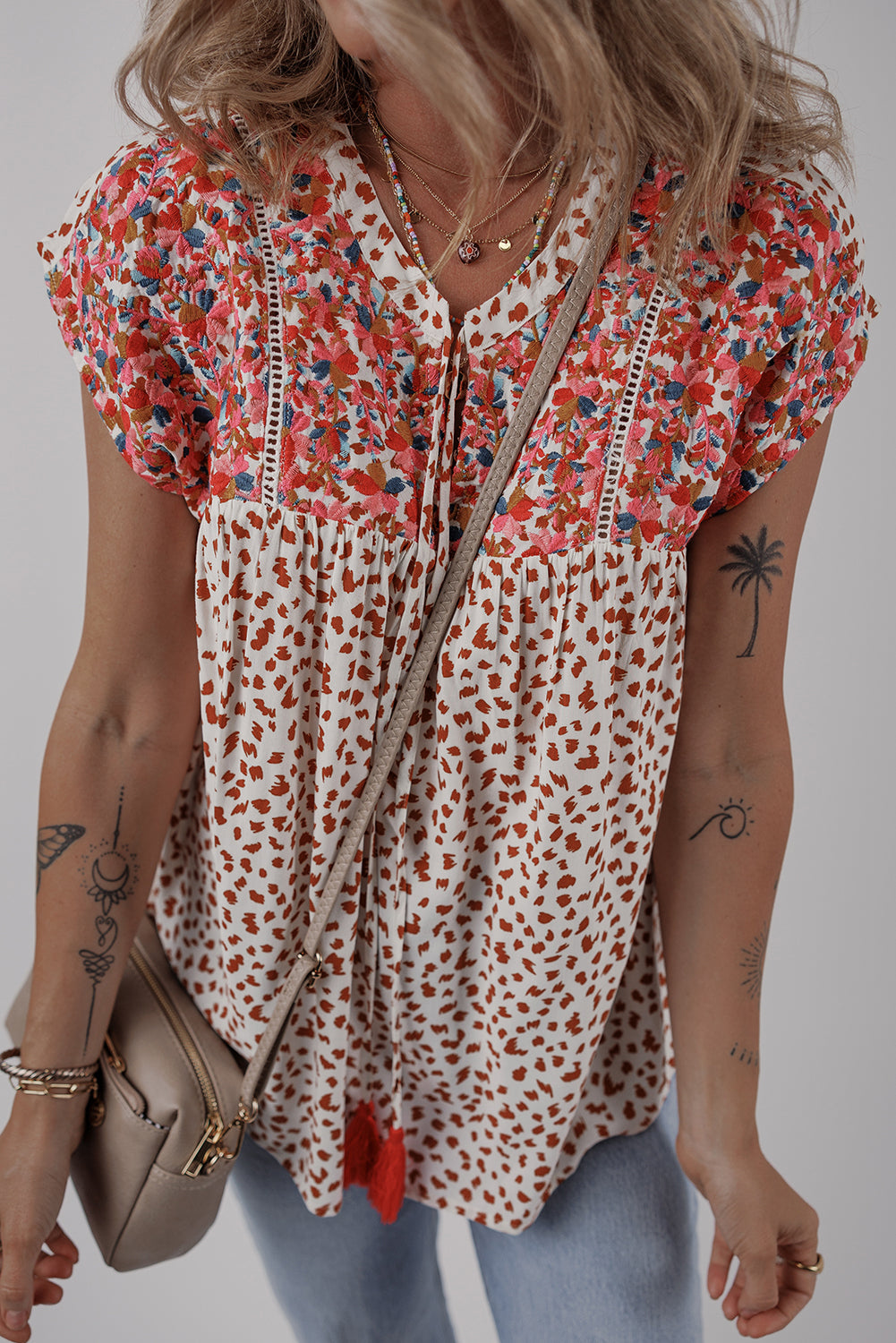 Red Printed Embroidery Detail Tie Split Neck Blouse eAura