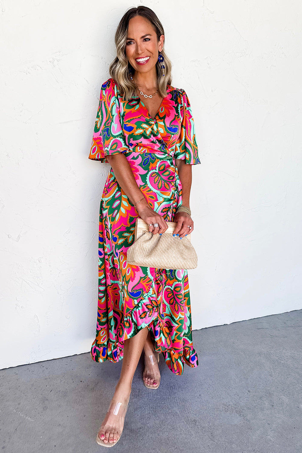 Summer Plant Print V-Neck Ruffled Maxi Dress BB Fashion Outlet