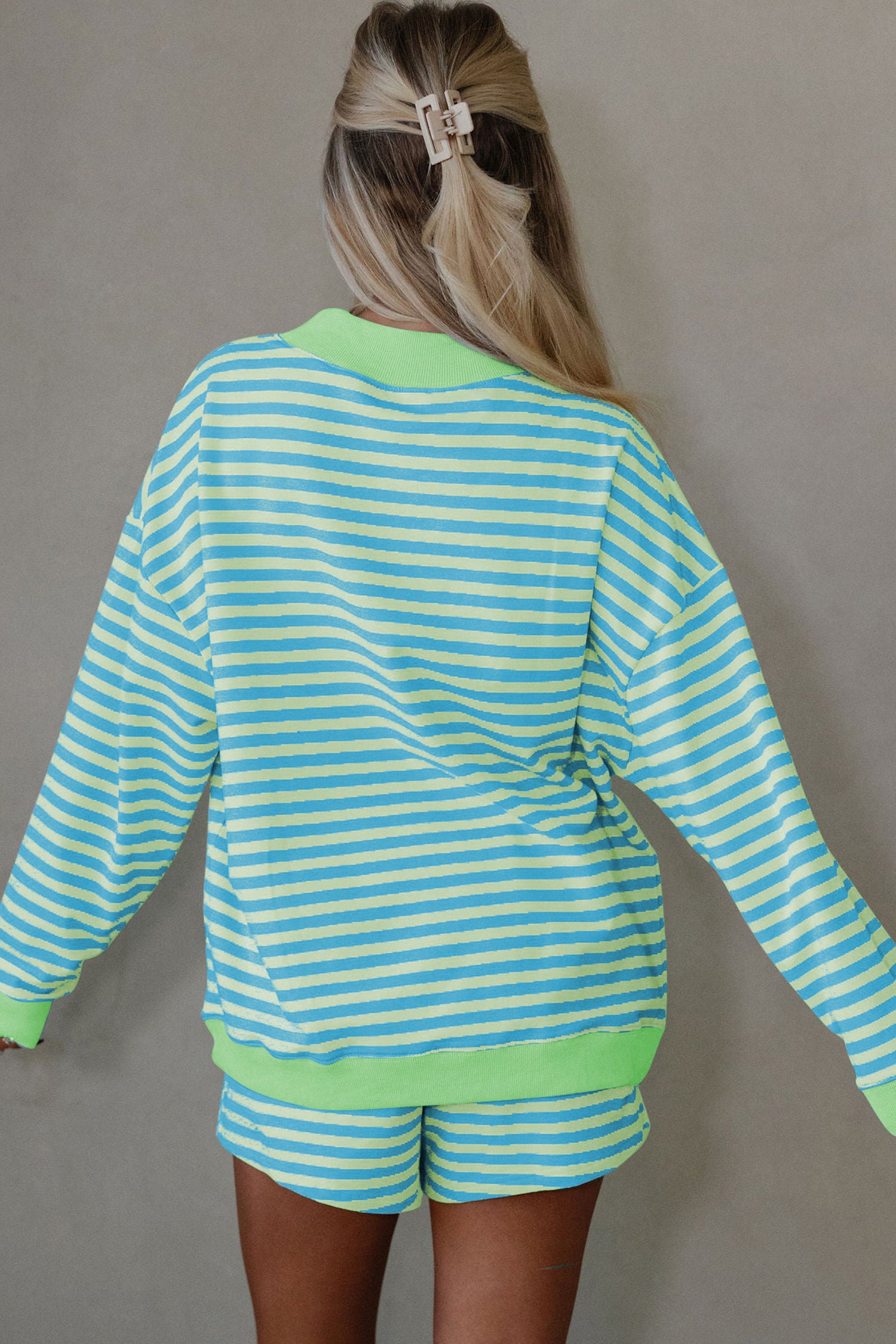 Color Block Detail Long Sleeve Pullover Elastic Waist Pull On Shorts 2pcs Set – Yellow Stripe