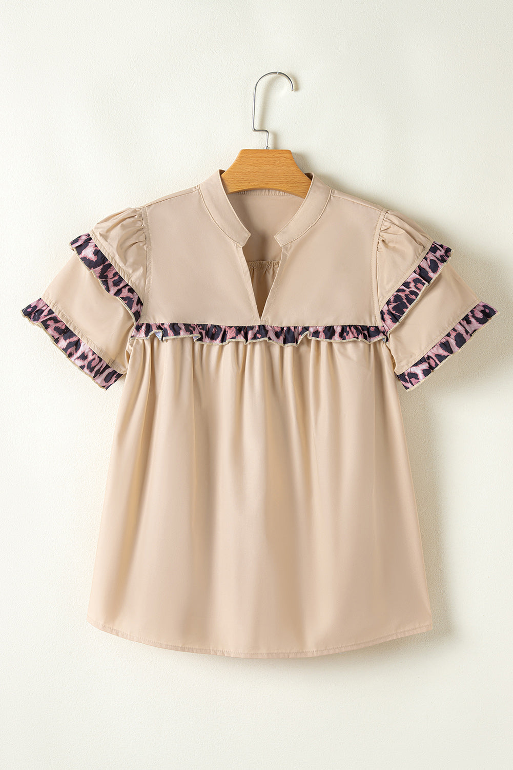 Smoke Grey Leopard Ruffles Trim Tiered Short Sleeve Blouse eAura