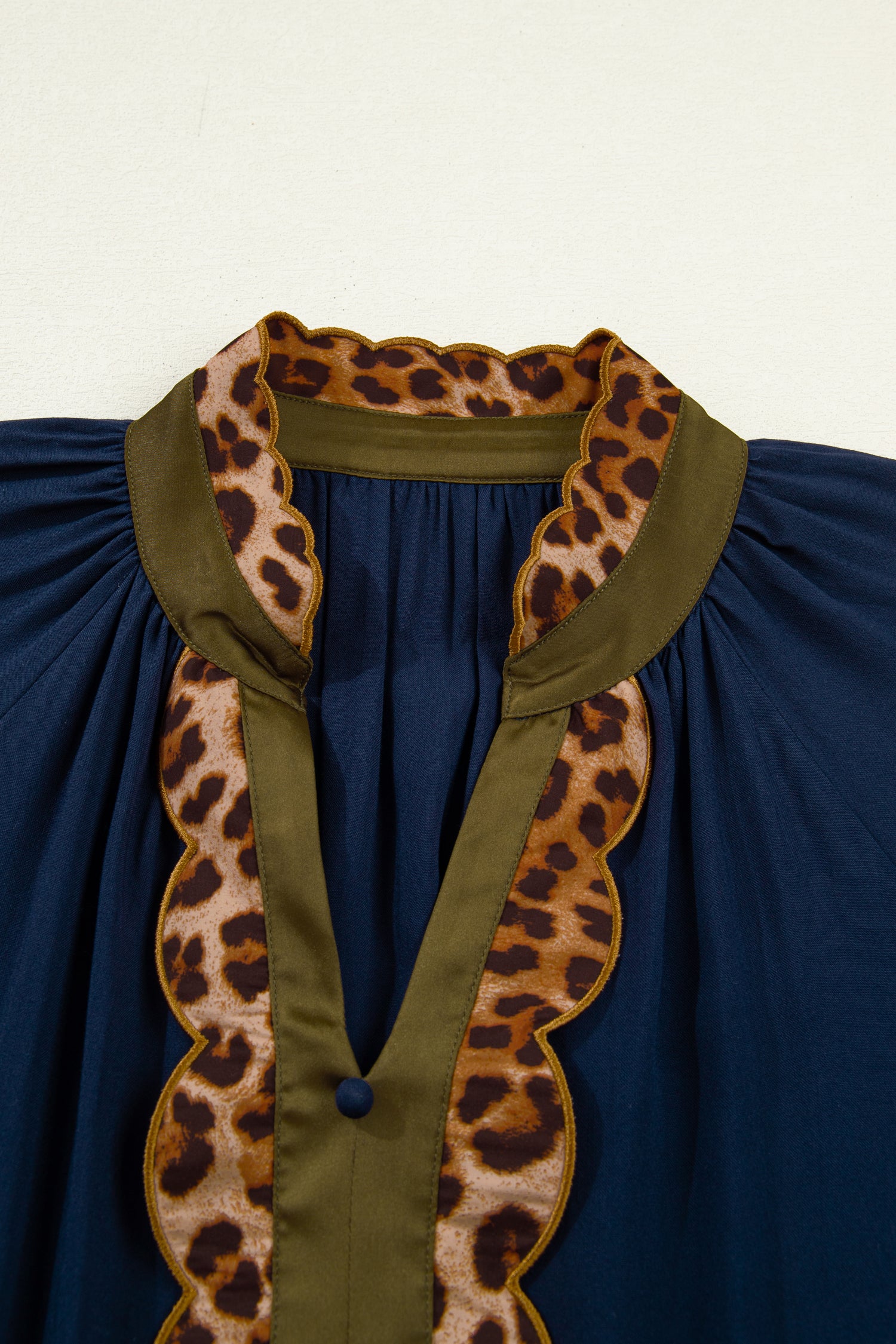 Button Detail Leopard Metallic Trim Short Sleeve Tunic Dress