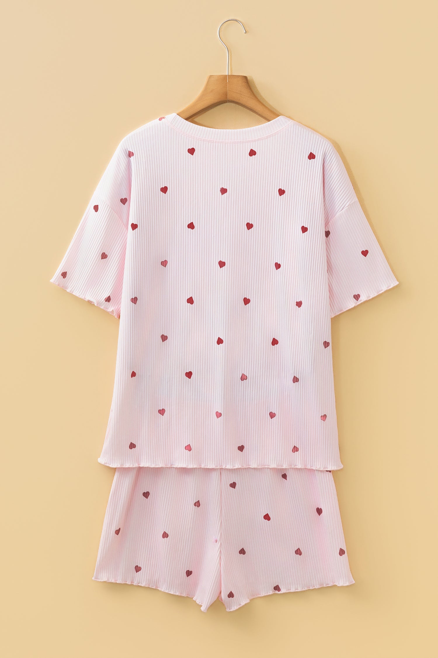 Valentine Heart Shape Print Ribbed Knit Short Lounge Set – Light Pink